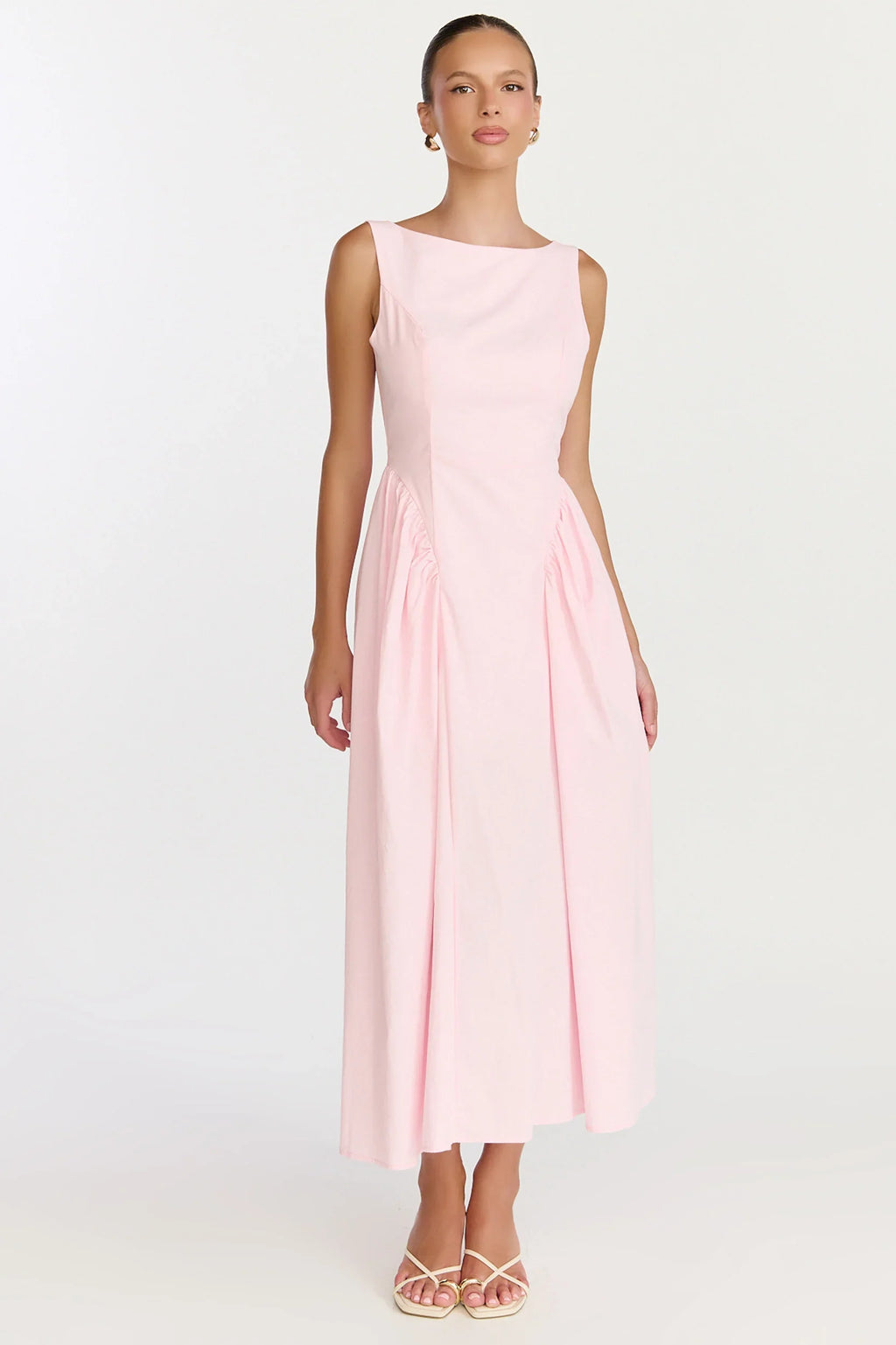 Casina Midi Dress - Boat Neck Tie Back Fit And Flare Dress in Pale Pink