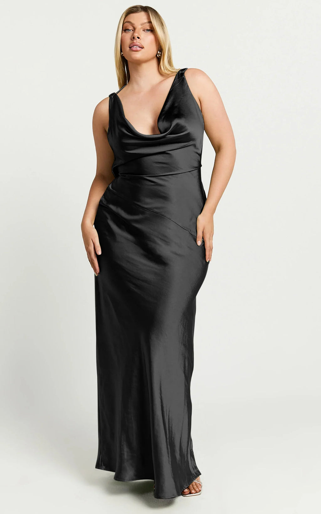 Adilah Maxi Dress - Cowl Neck Satin Dress in Black