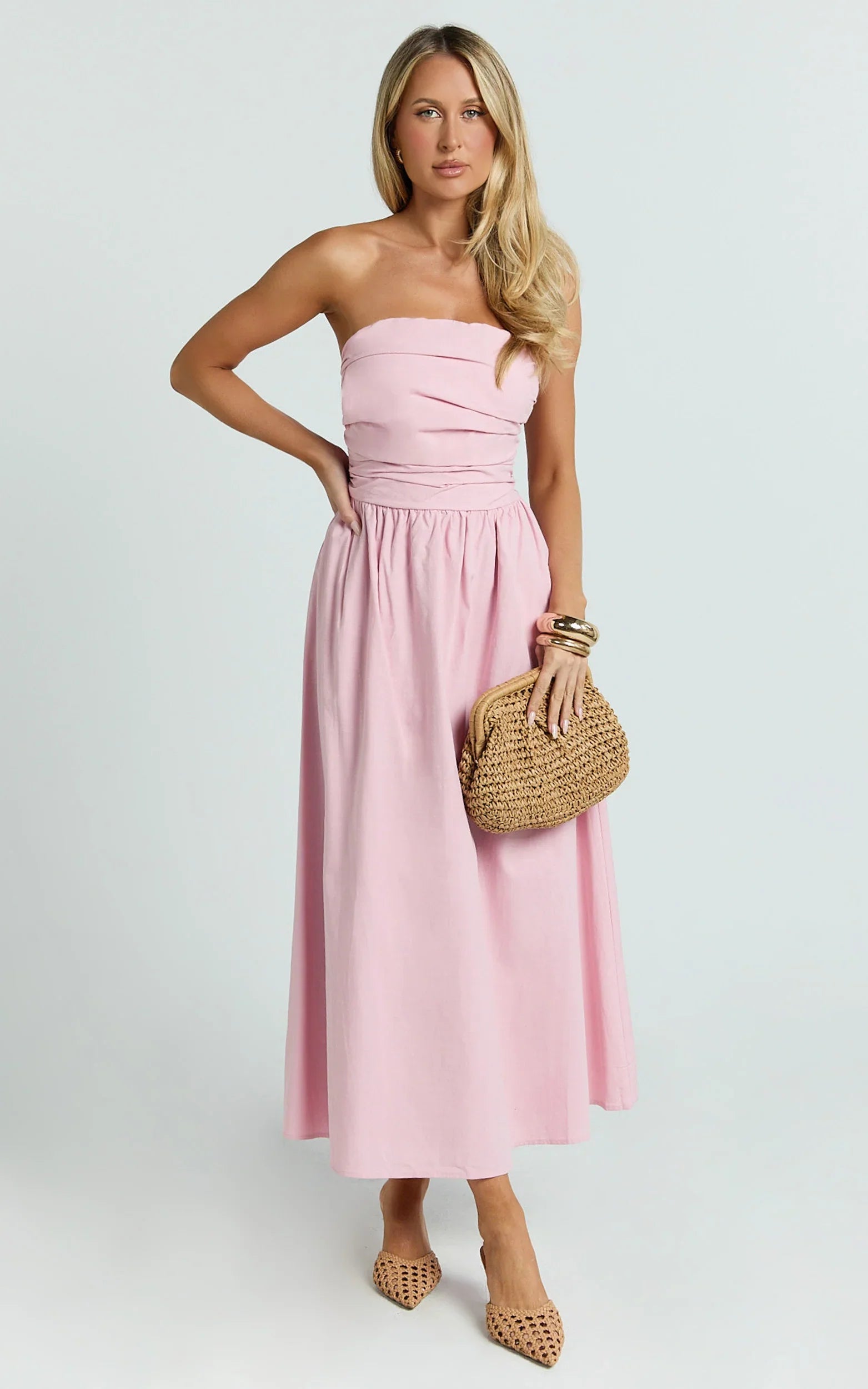 Polly Midi Dress - Strapless Ruched Dress in Pink