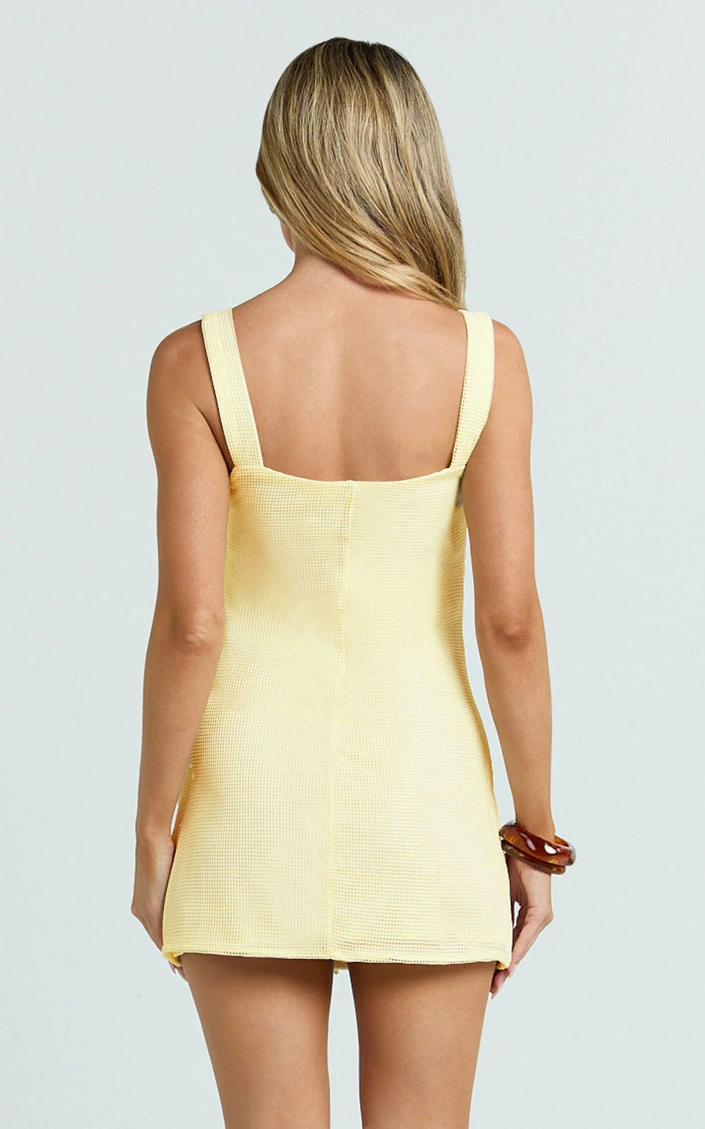 Sienna Mini Dress - Square Neck Floral Embroidered A Line Dress in Lemon