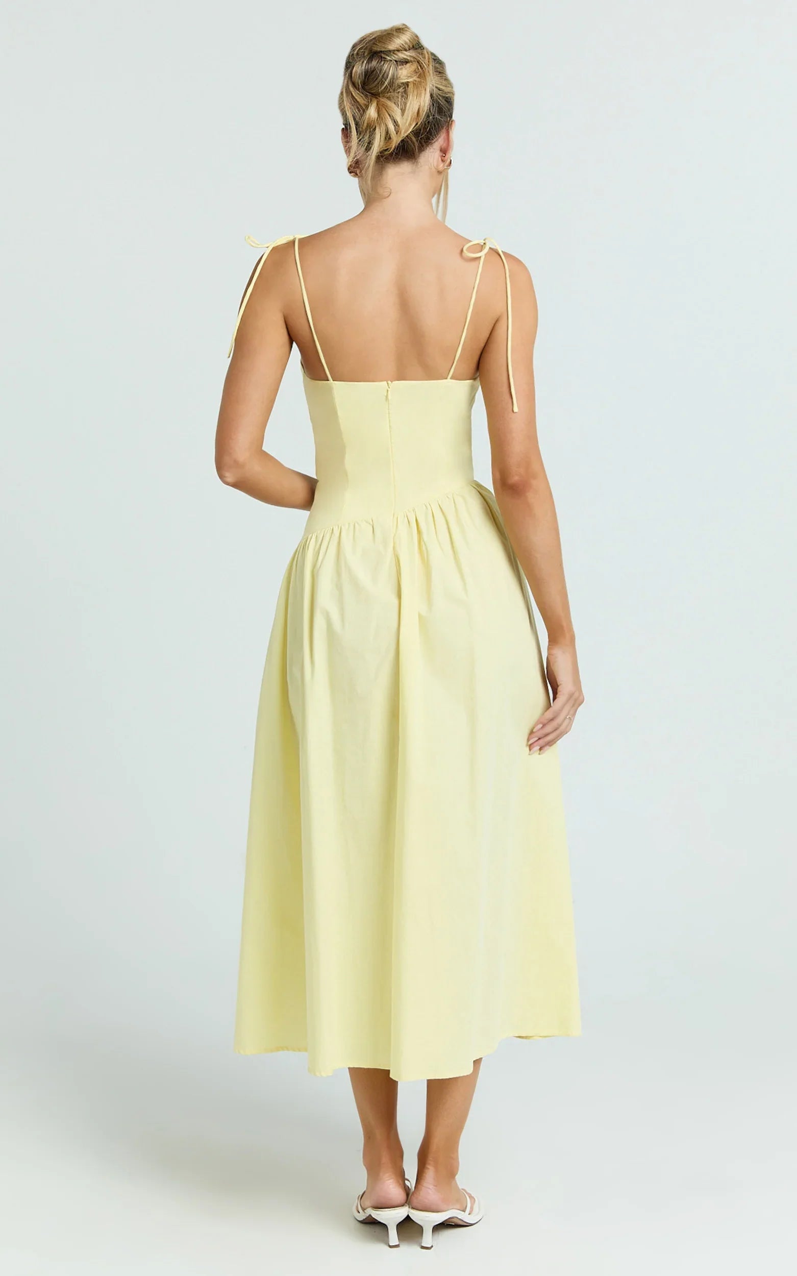 Myrtle Midi Dress - Straight Neck Curved Drop Waist Gathered Full Skirt Dress in Lemon