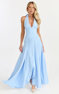 Poppy Maxi Dress - Contrast Skirt Deep Plunge Halter Dress in Blue