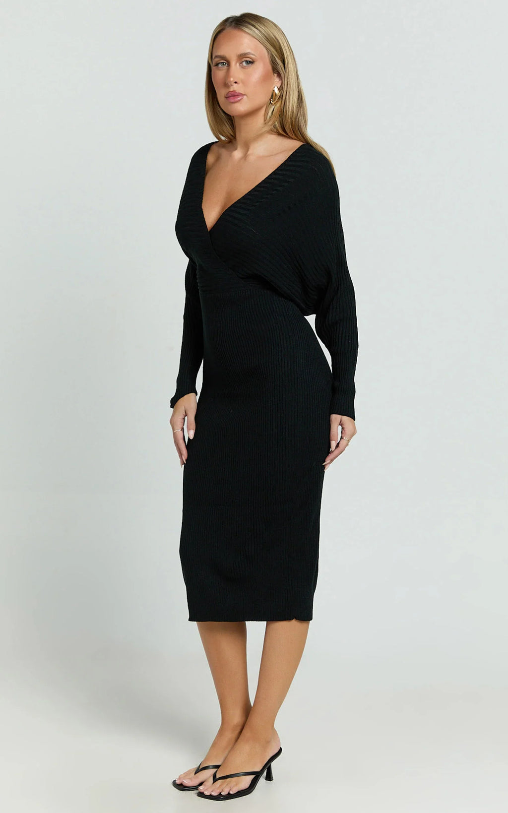 Sheika Midi Dress - Long Sleeve Off Shoulder Knit Dress in Black
