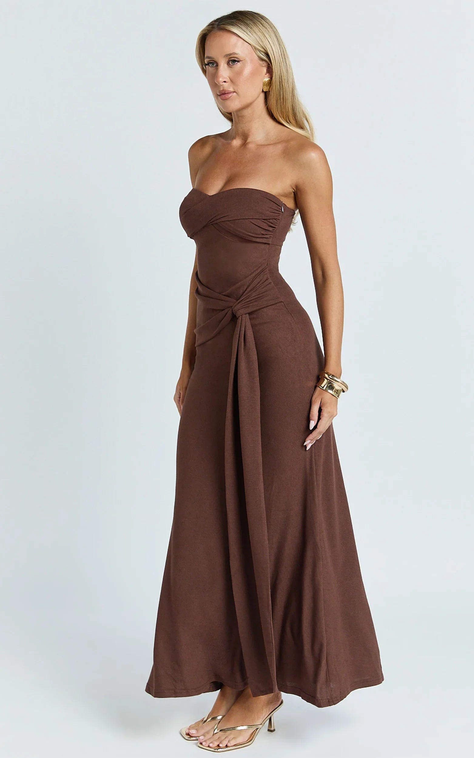 Aria Midi Dress - Strapless Tie Waist Dress in Chocolate
