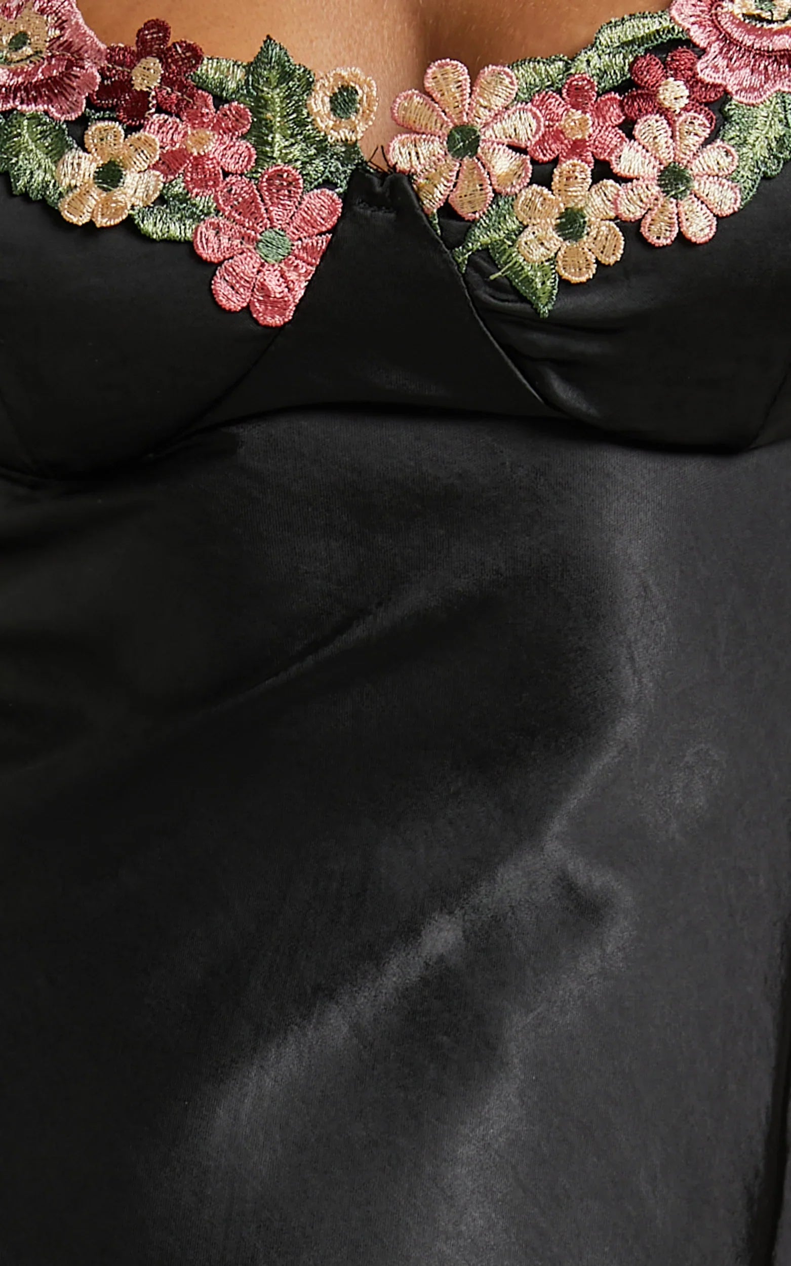 Harmony Maxi Dress - Floral Detail Cup Bust Satin Dress in Black