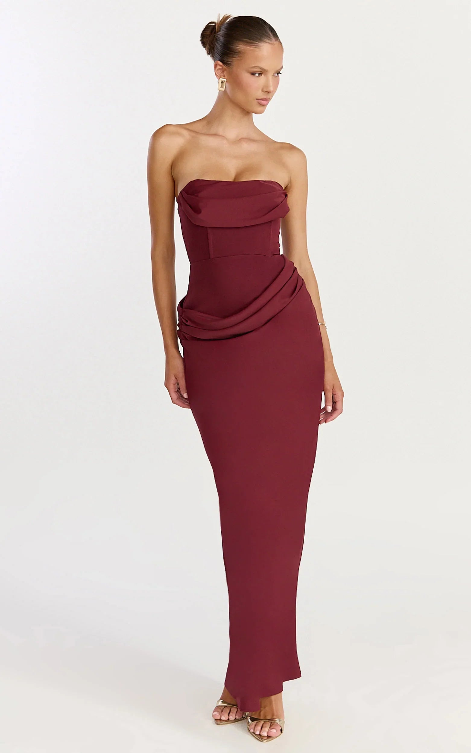 Phoebe Maxi Dress - Strapless Structured Bodice Drape Skirt Dress in Wine