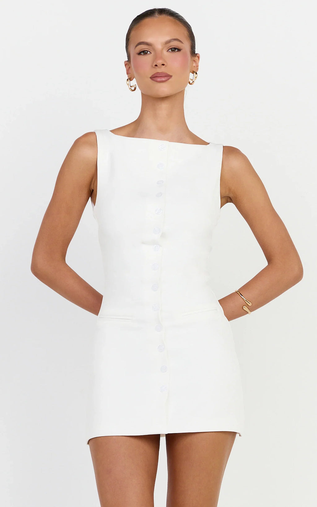 Adela Mini Dress - Mock Button Thru Boat Neck Dress in White