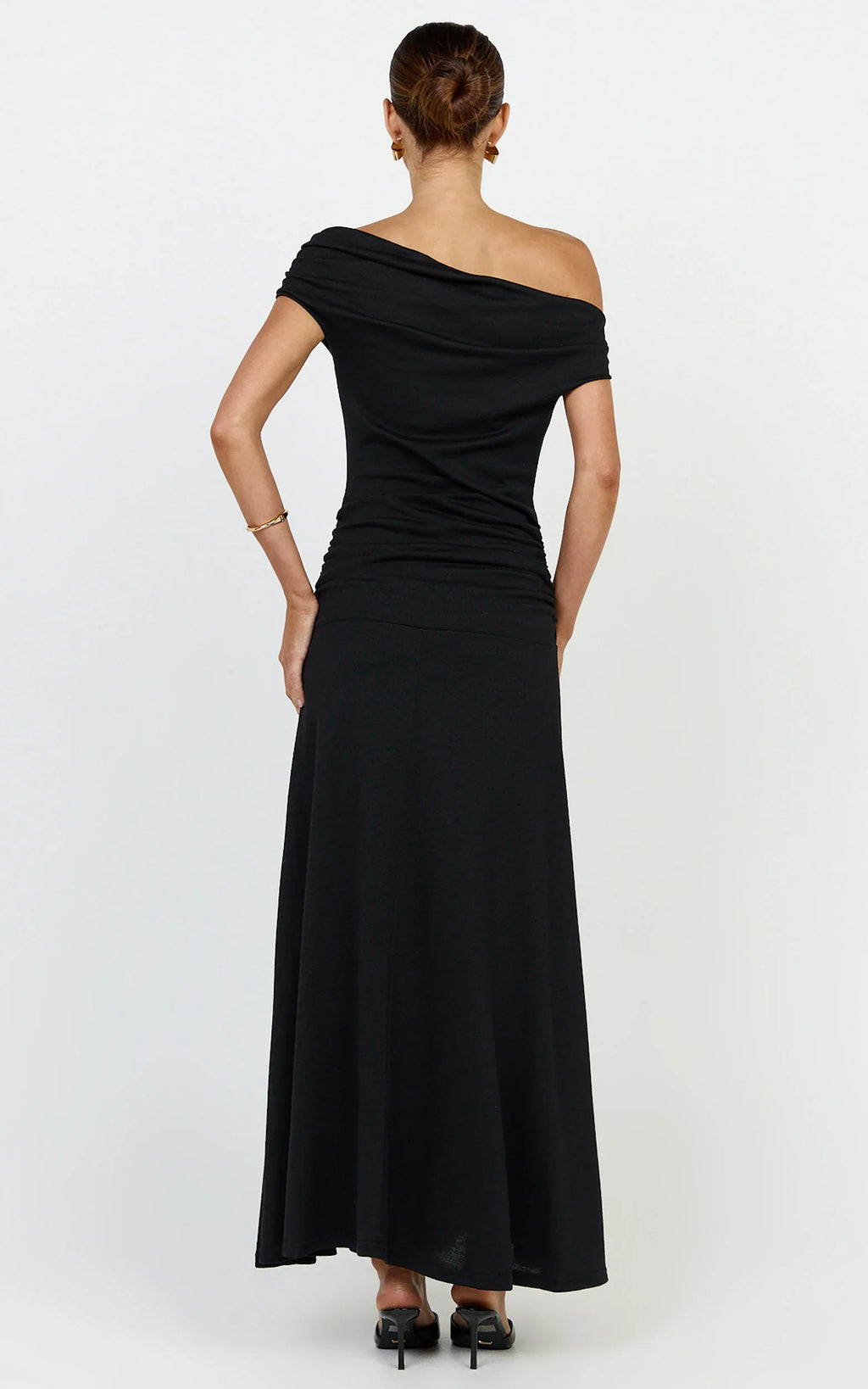 Ophelia Maxi Dress - Off Shoulder Ruched Fit And Flare Dress in Black