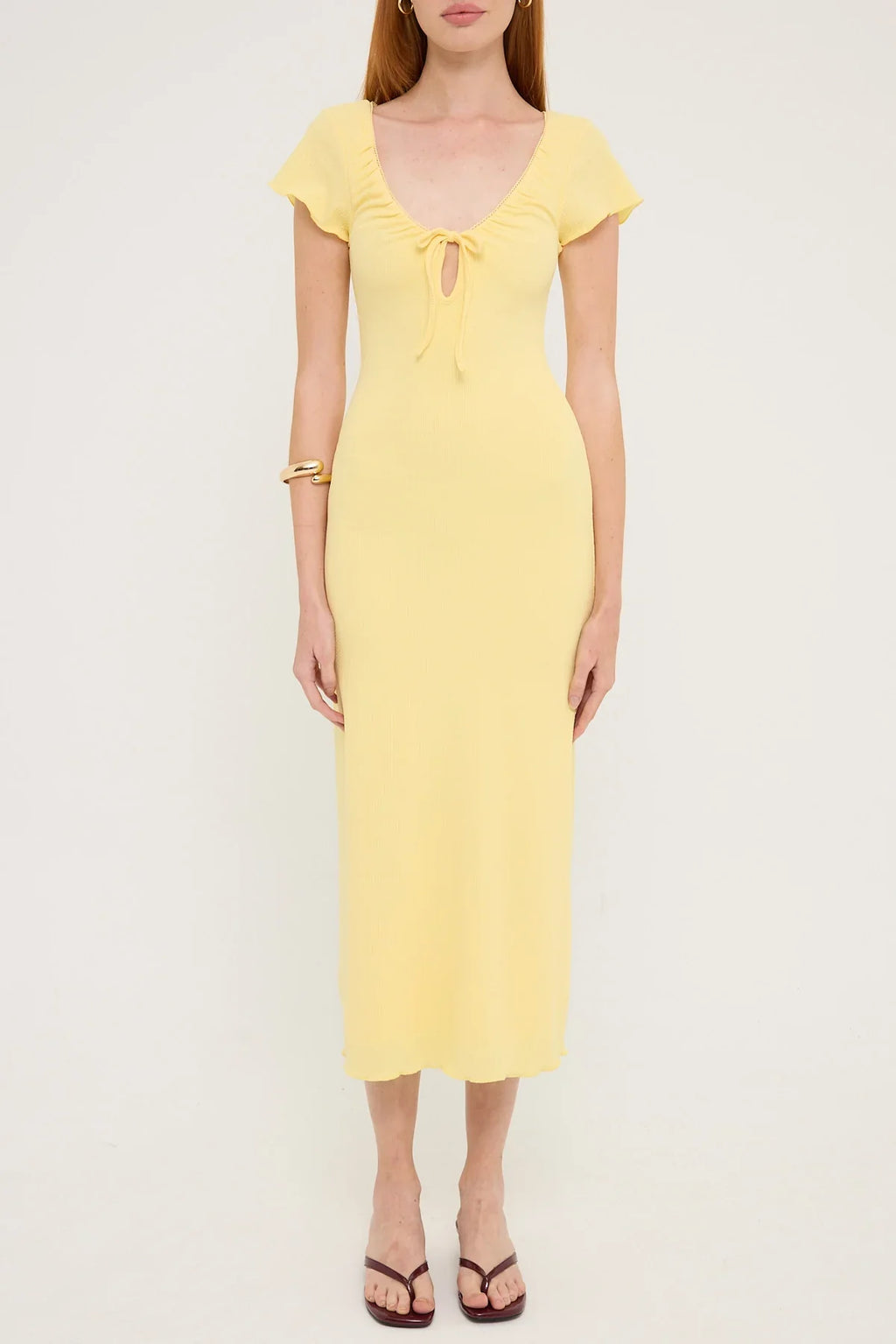 Luck & Trouble Dala Rib Scoop Neck Midi Dress Lemon