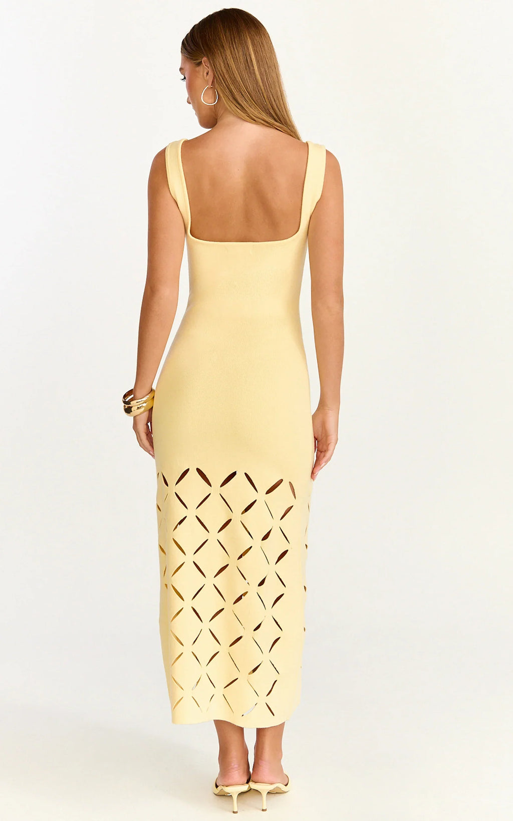 Sabrina Midi Dress - Scoop Neck Laser Cut Dress in Lemon