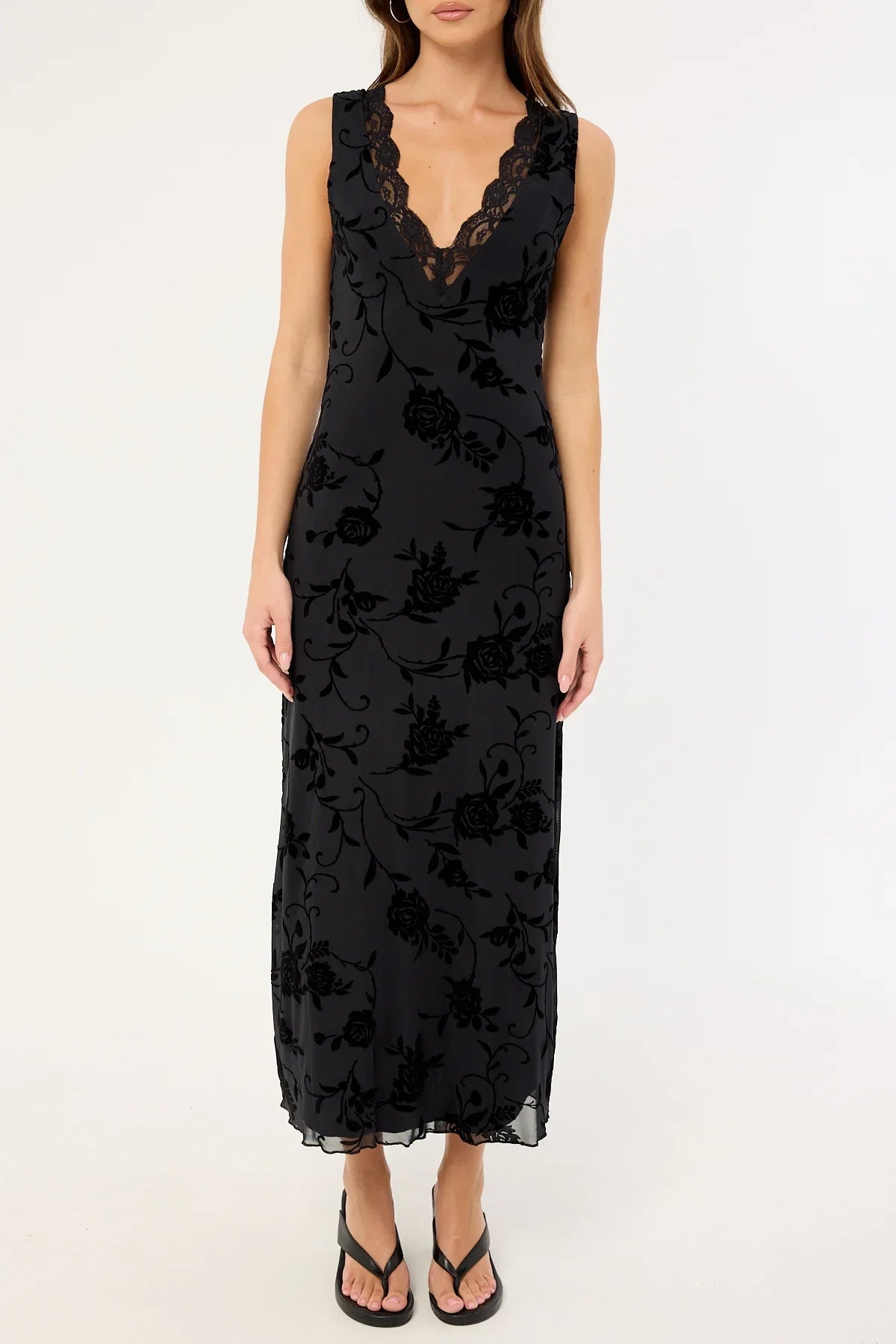 Motel Saga Midi Dress Rose Flock Black