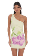 One Shoulder Floral Print Dress in Pastel Green