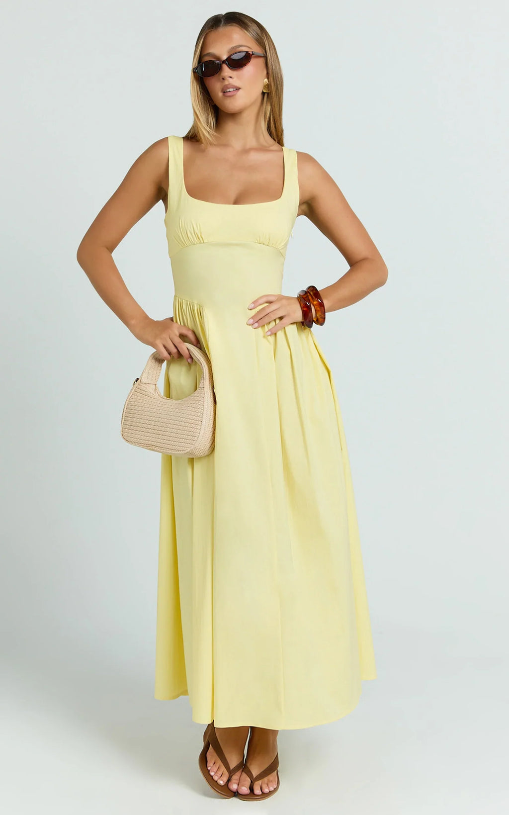 Donatella Midi Dress - Ruched Bust Fit And Flare Dress in Lemon
