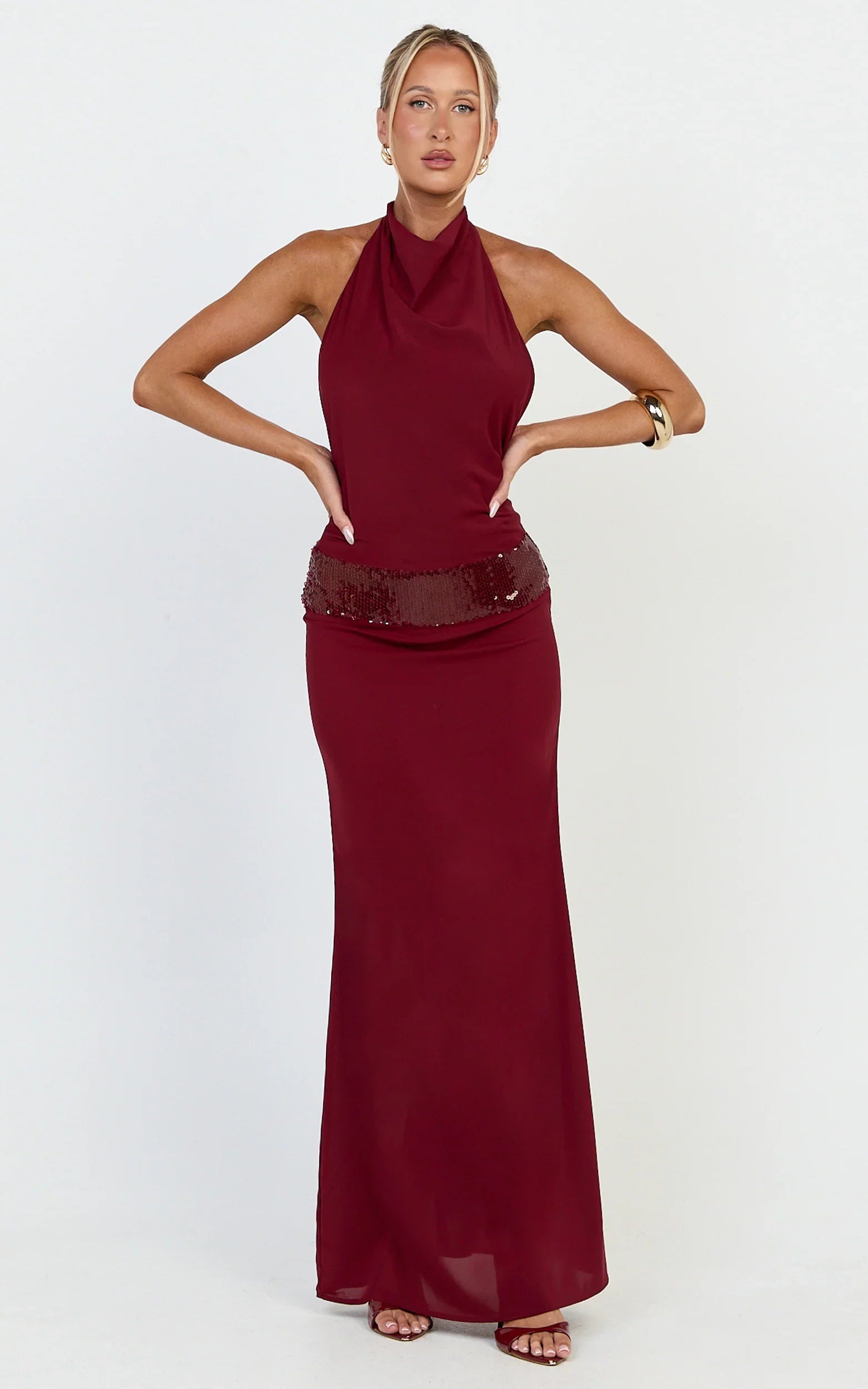 Evianne Maxi Dress - Backless Sequin Drop Waist Halter Dress in Wine
