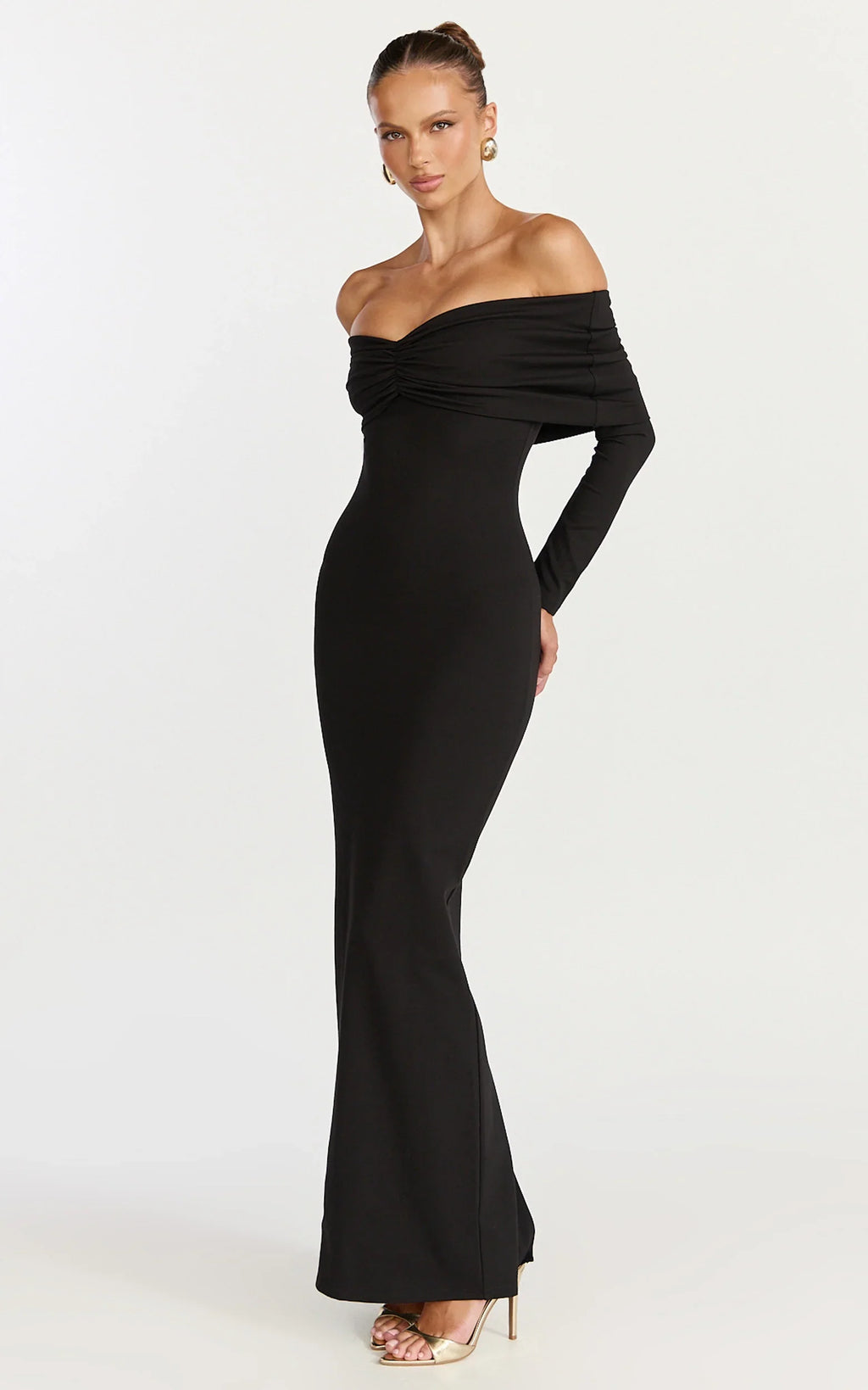 Rani Maxi Dress - Off Shoulder Long Sleeve Bodycon Dress in Black