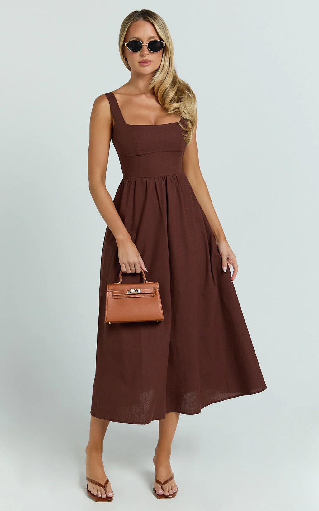 Khari Midi Dress - Linen Look Square A Line Dress in Chocolate