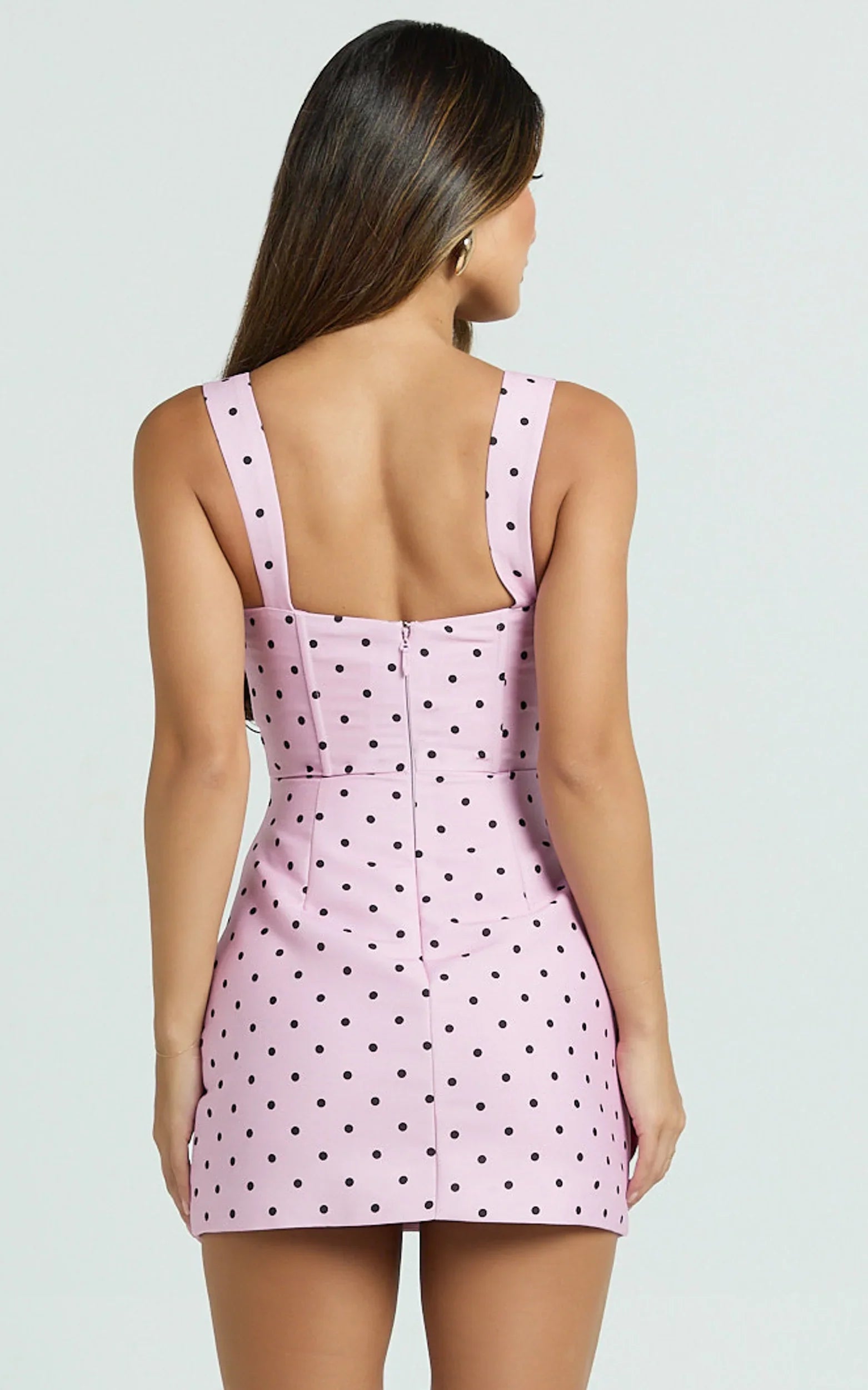 Janice Mini Dress - Square Neckline Dress in Fondant Pink Polka Dot