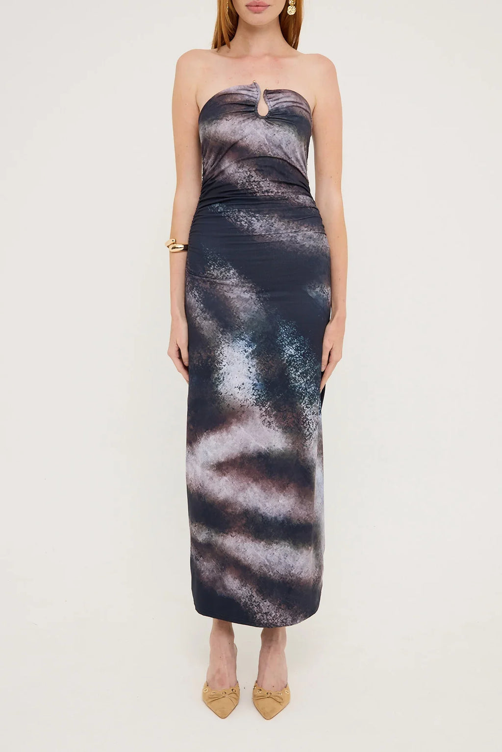 Luck & Trouble Stasia Printed Strapless Jersey Midi Dress Black Print