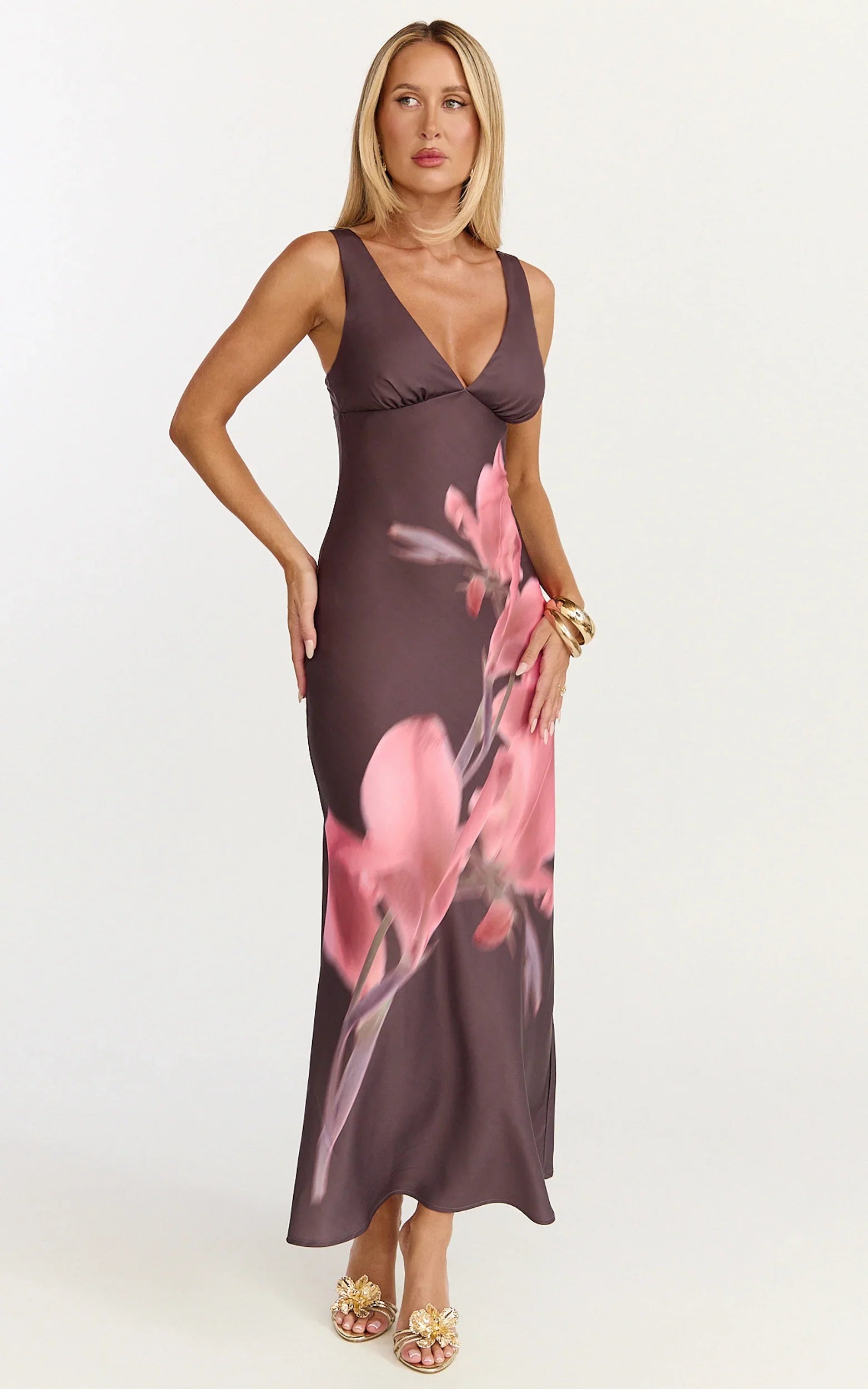 Elowen Midi Dress - Deep V Neck Satin Dress in Floral Print