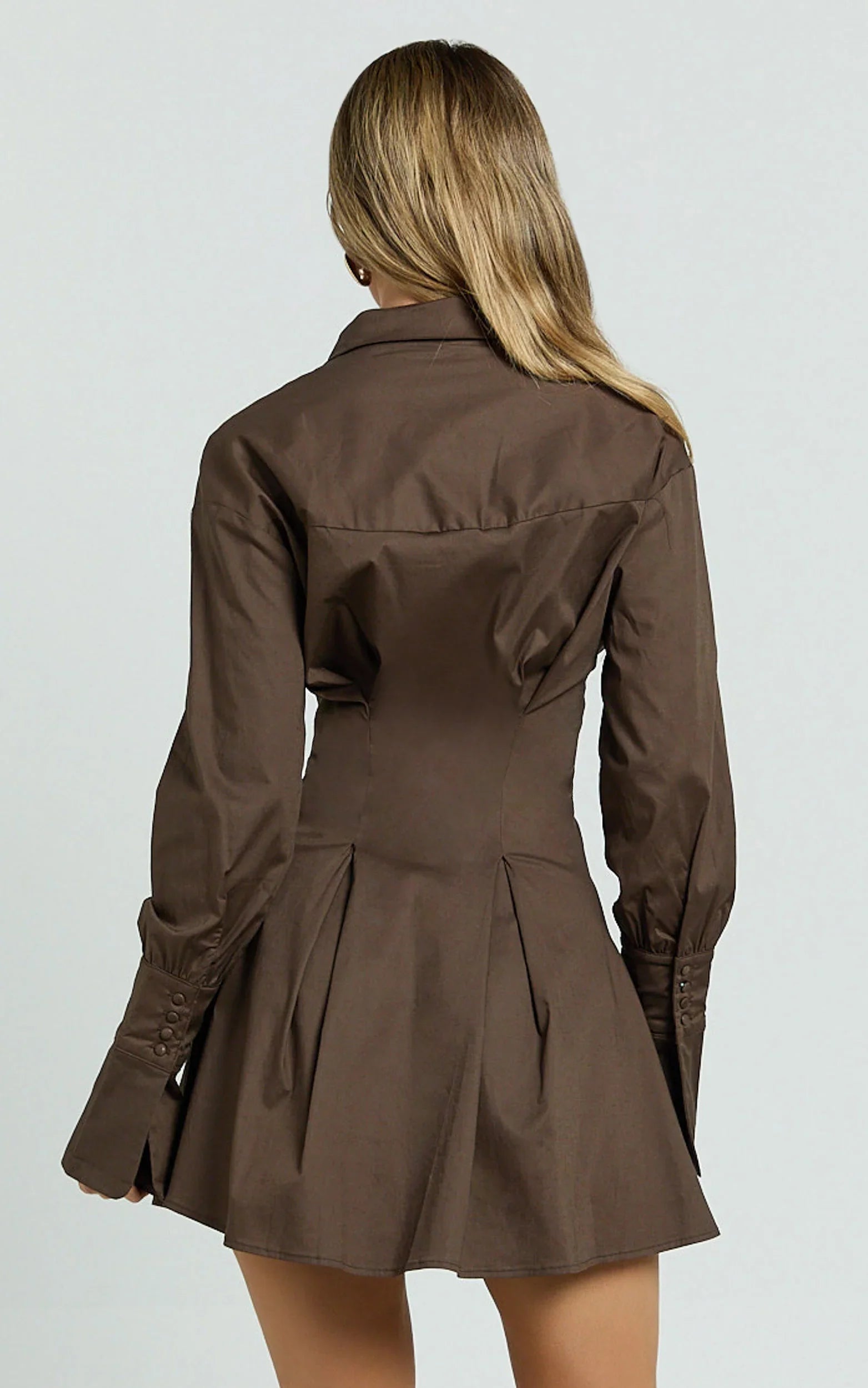 Yasmina Mini Dress - Button Front Long Sleeve Fit And Flare Dress in Dark Chocolate