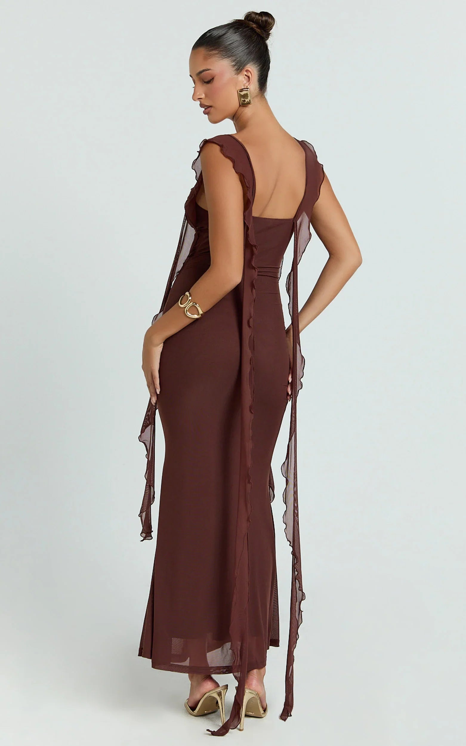 Rosha Midi Dress - Ruffle Strap Dress in Chocolate