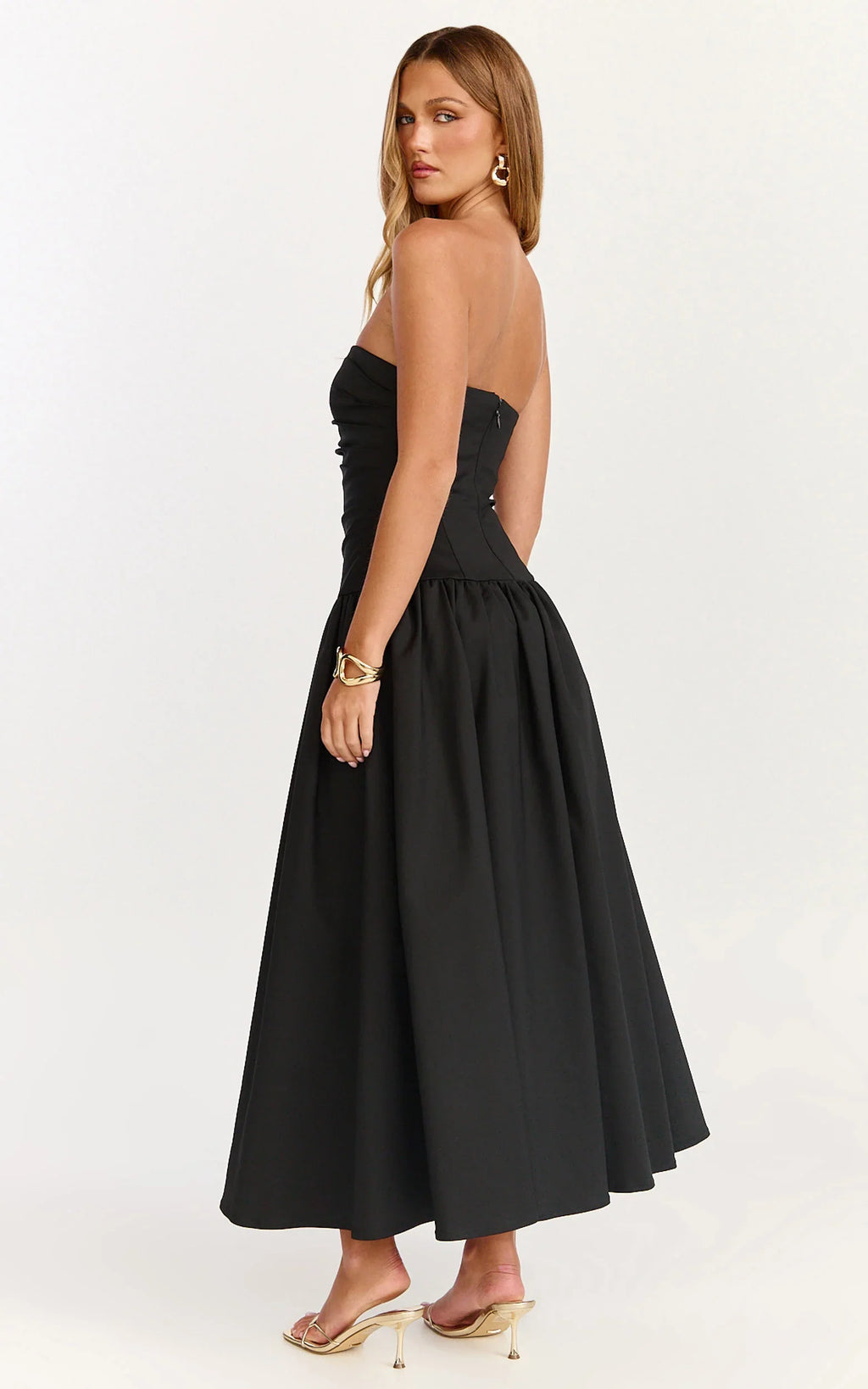 Louisa Midi Dress - Strapless Side Ruched Dropped Waist Fit And Flare Dress in Black