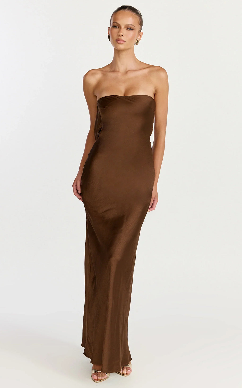 Charlita Maxi Dress - Strapless Cowl Back Satin Dress in Chocolate