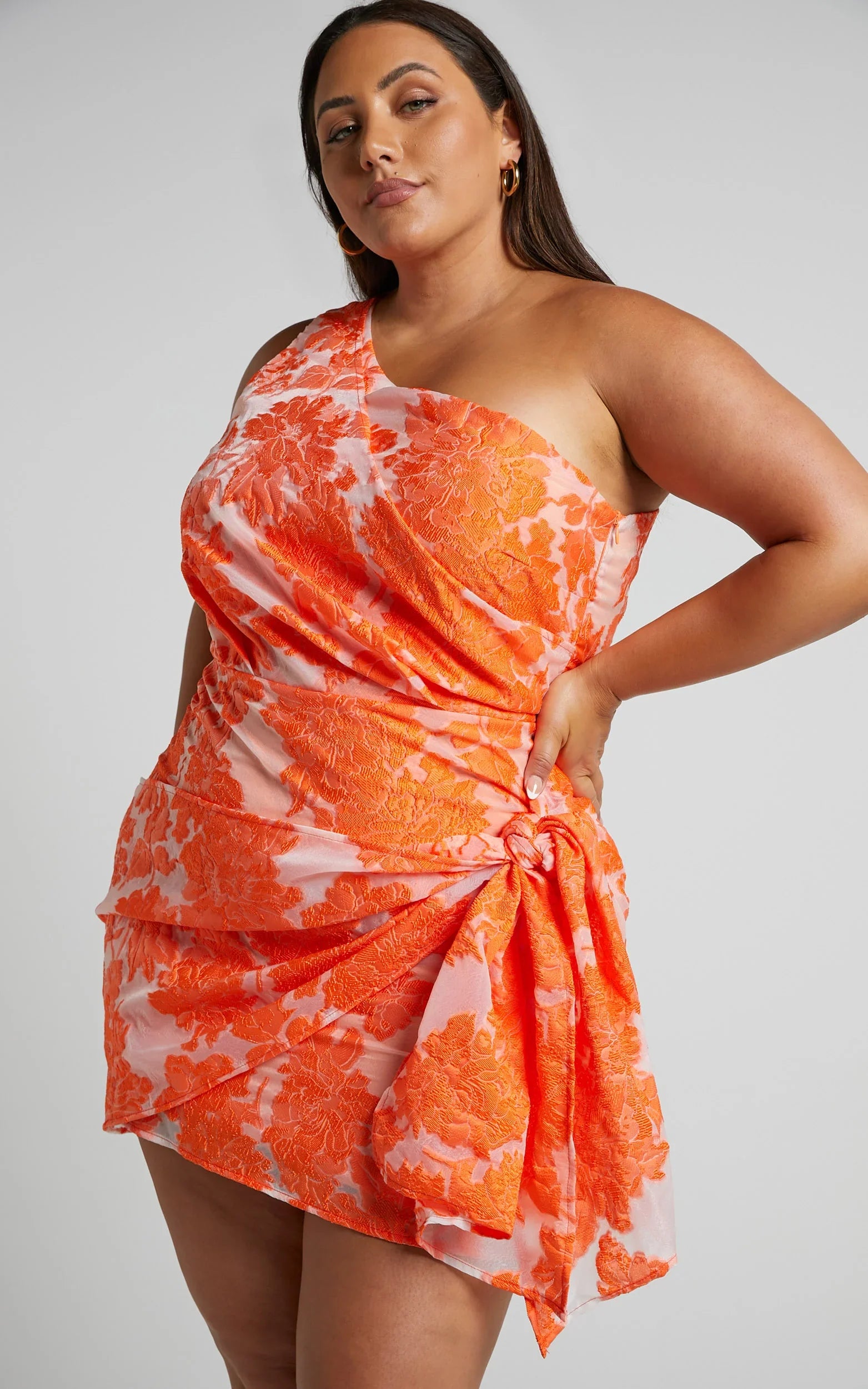 Brailey Mini Dress - One Shoulder Wrap Front Dress in Orange Jacquard