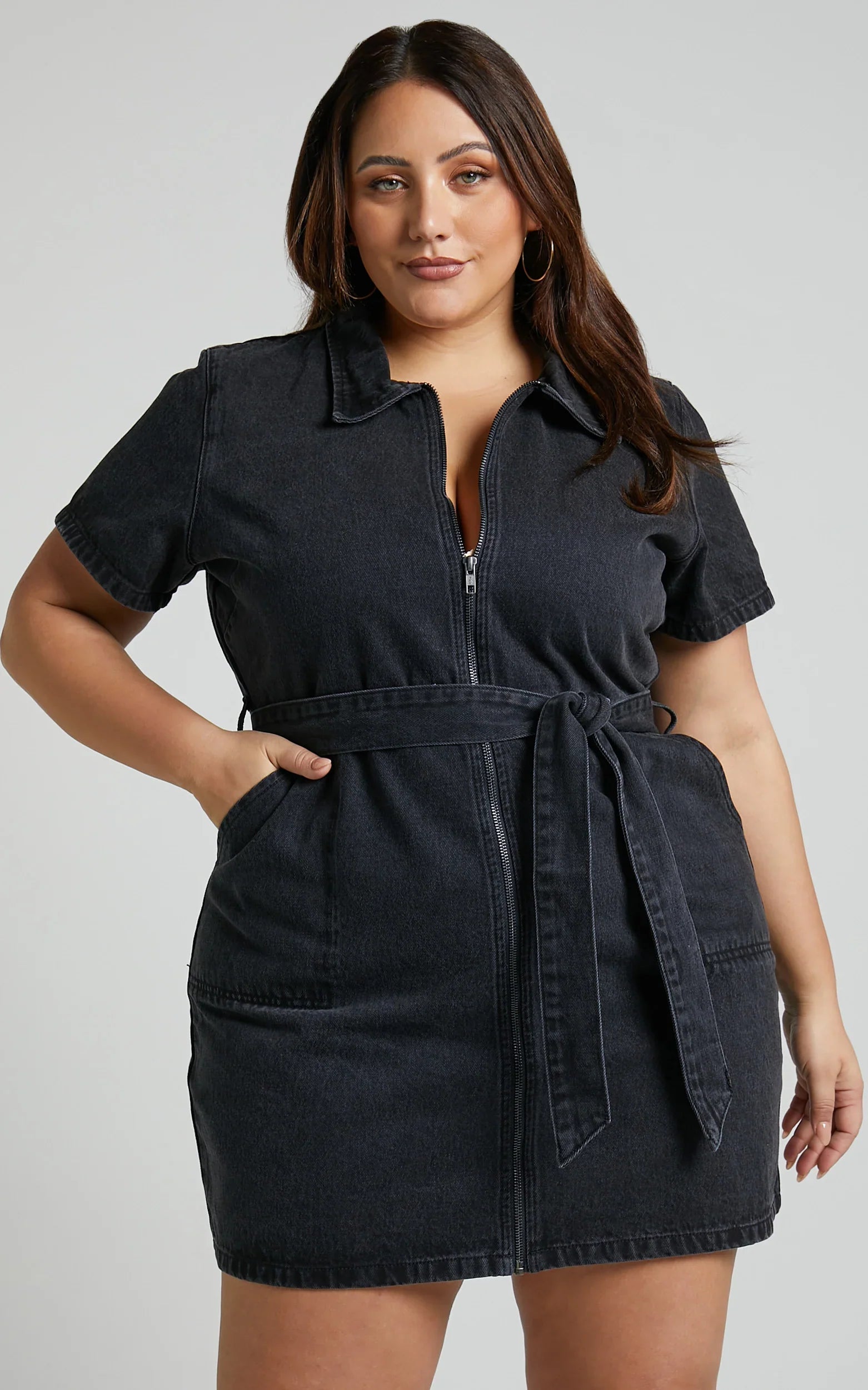 Nandini Mini Dress - Hardware Zip Through Denim Dress in Black Wash