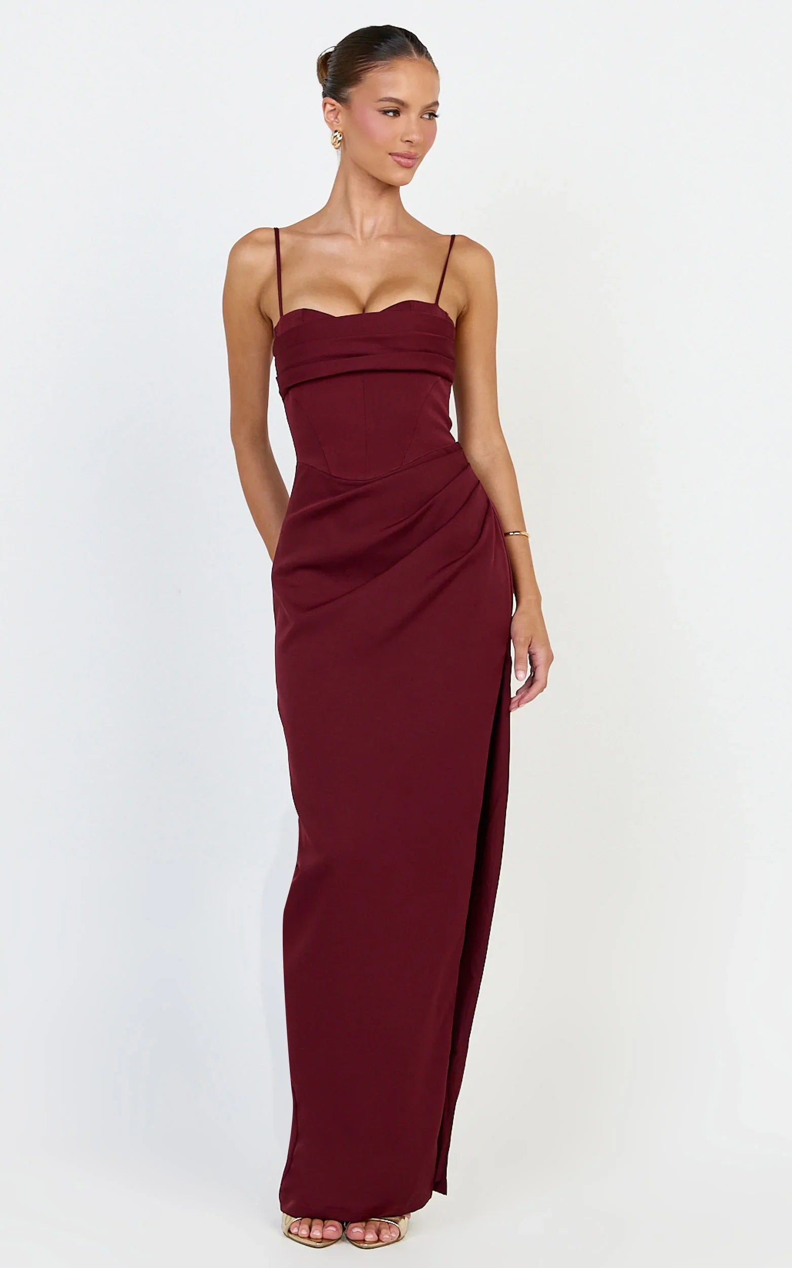 Zinnia Maxi Dress - Gathered Bust Side Split Dress in Wine