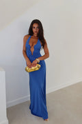 Denise Maxi Dress - Halter U Ruched Neck Cut Out Jersey Dress in Blue