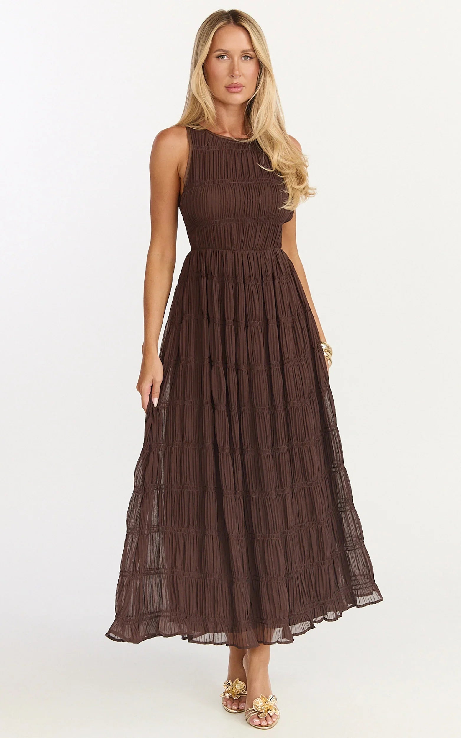 Paloma Midi Dress - Ruched Shift Dress in Chocolate