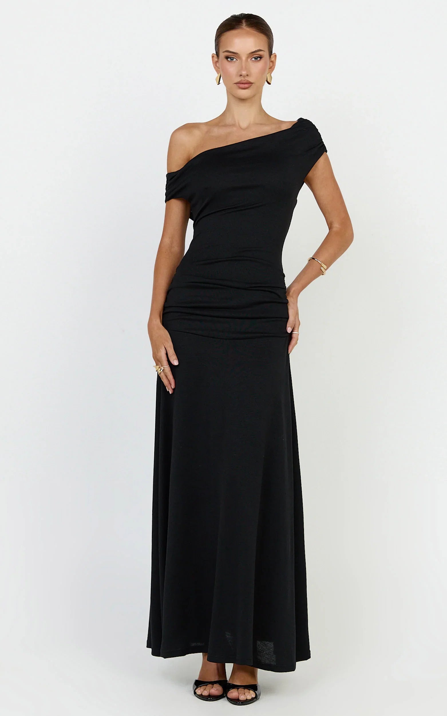 Ophelia Maxi Dress - Off Shoulder Ruched Fit And Flare Dress in Black