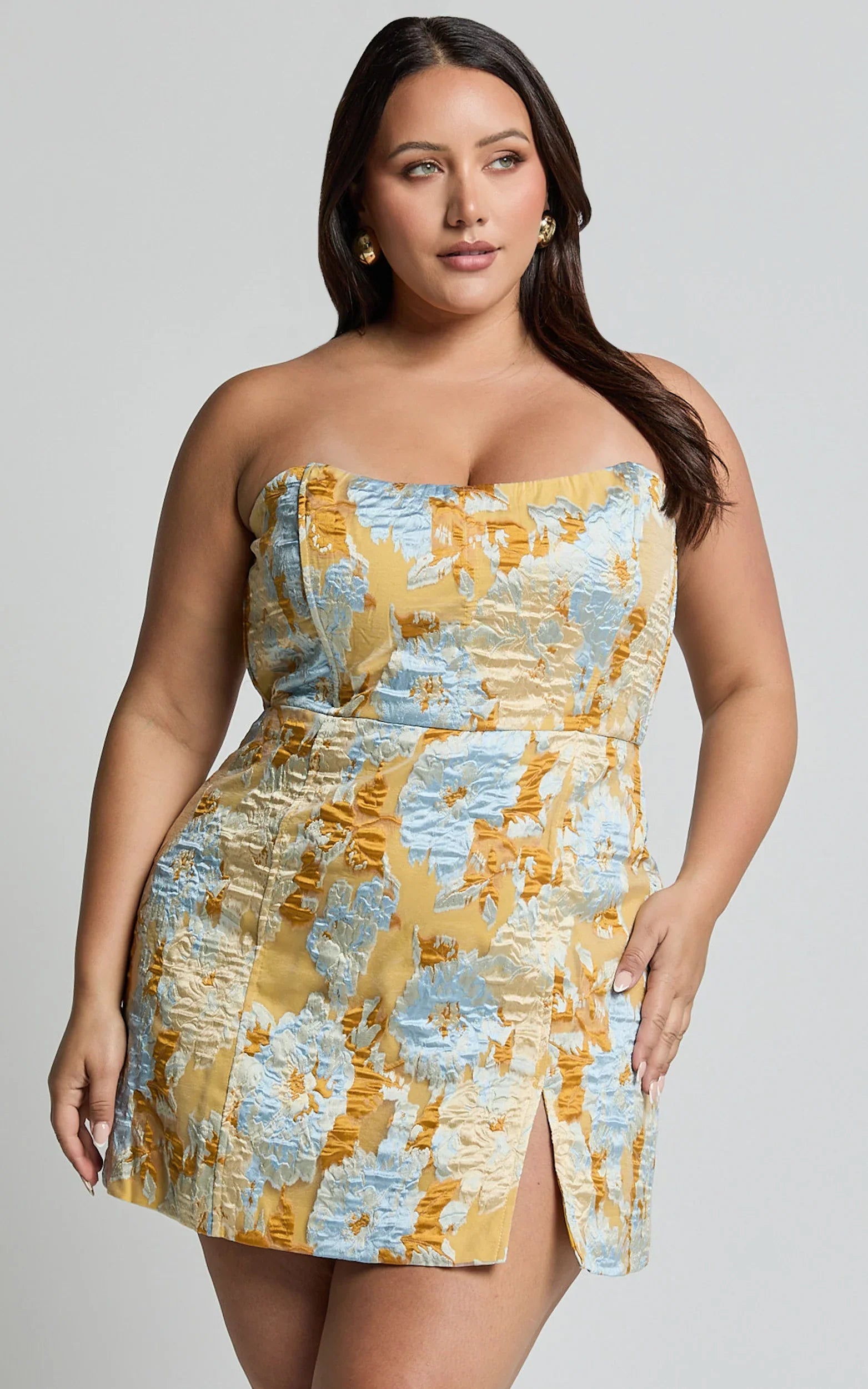 Brailey Mini Dress - Strapless Dress in Blue Jacquard