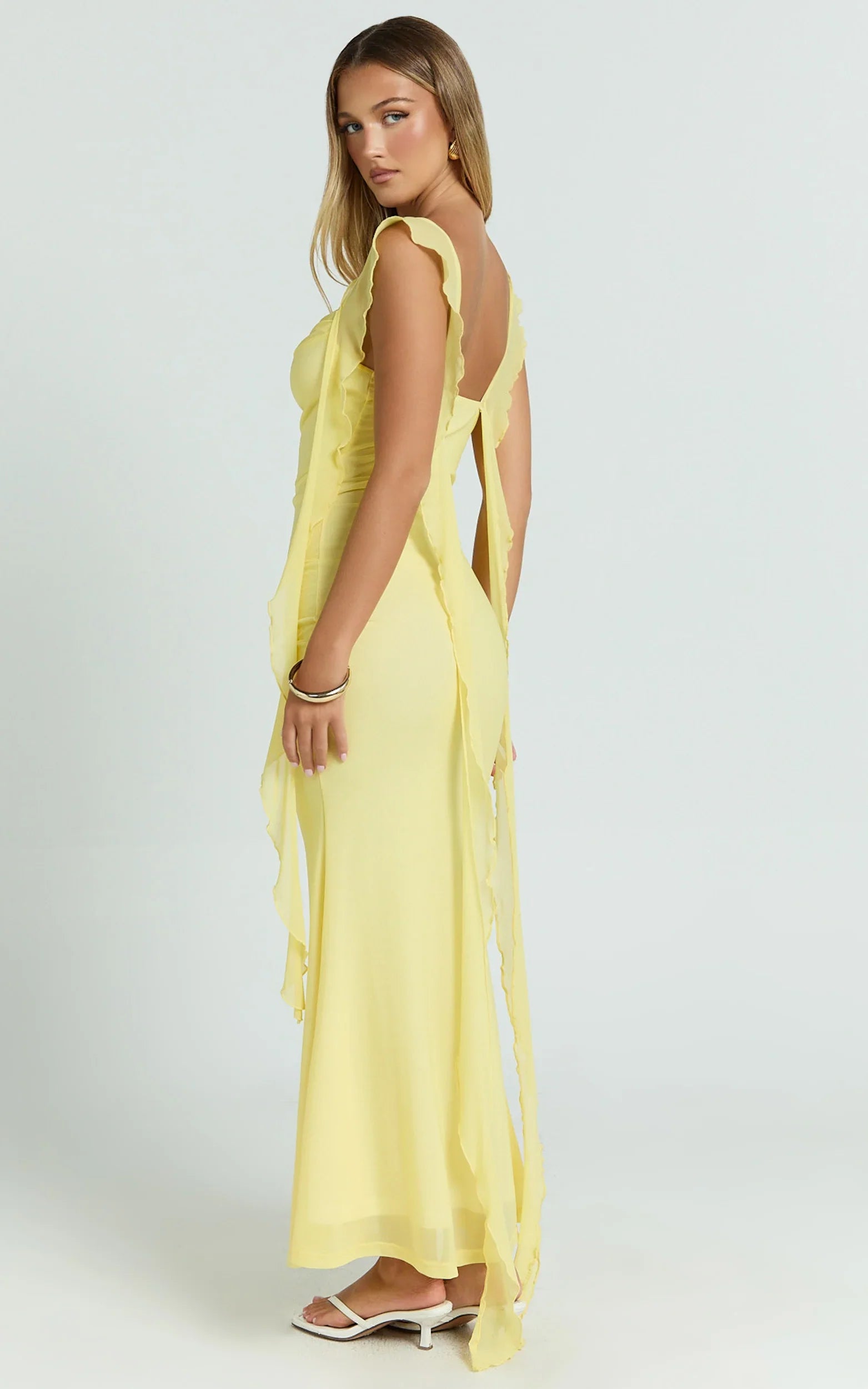 Rosha Midi Dress - Ruffle Strap Dress in Butter
