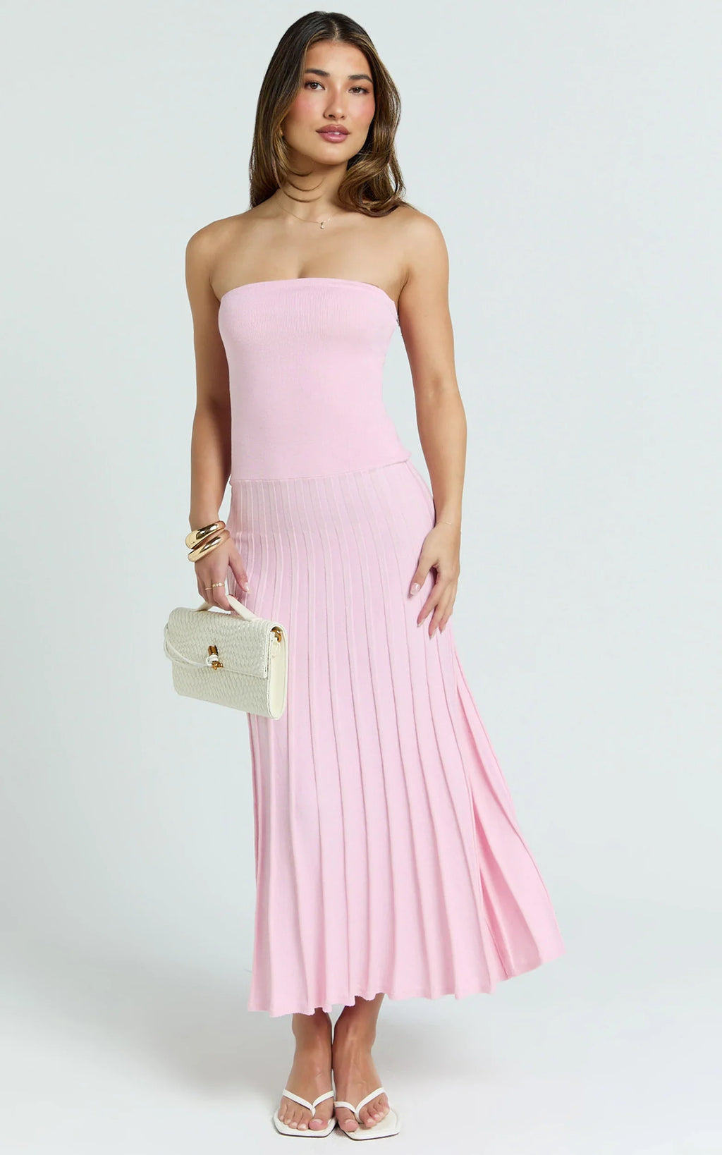 Paris Midi Dress - Strapless Drop Waist Pleated Knit Dress in Pink