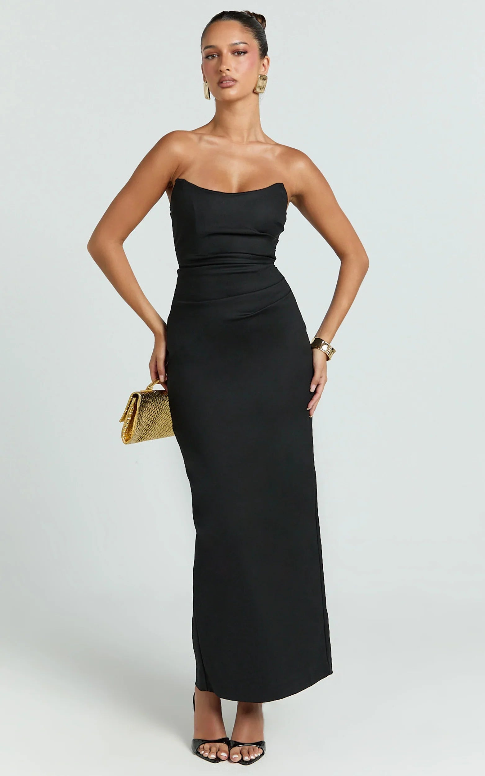 Pietra Midi Dress - Scoop Neck Side Seam Tucks Fitted Dress in Black