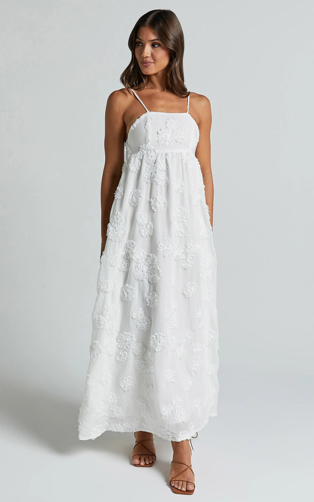 Claya Midi Dress - Sleeveless Straight Neckline Floral Detail Dress in White Embroidery