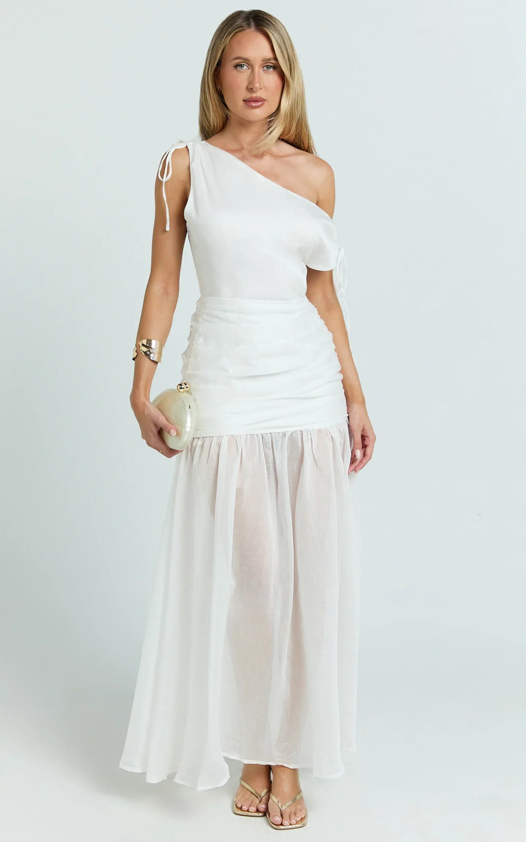 Mackenzie Midi Dress - Tipped Shoulder Drop Waist Full Gathered Skirt Dress in White
