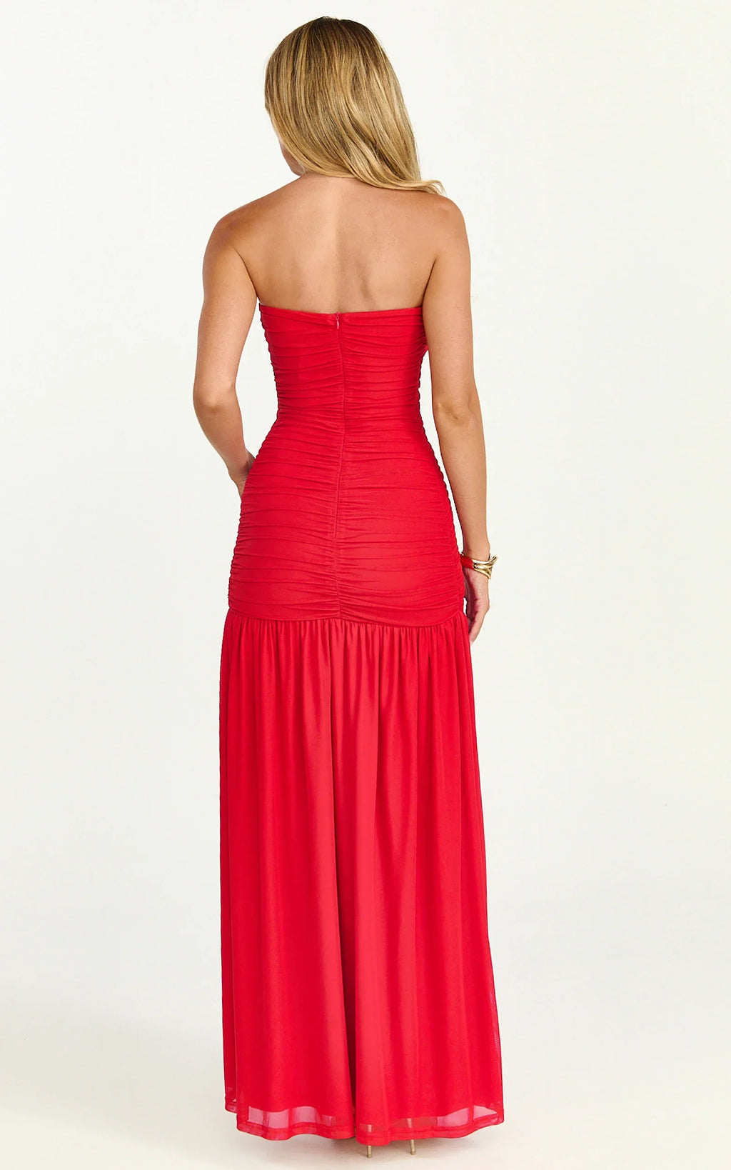 Marguerite Maxi Dress - Strapless Ruched Mesh High Leg Split Dress in Red