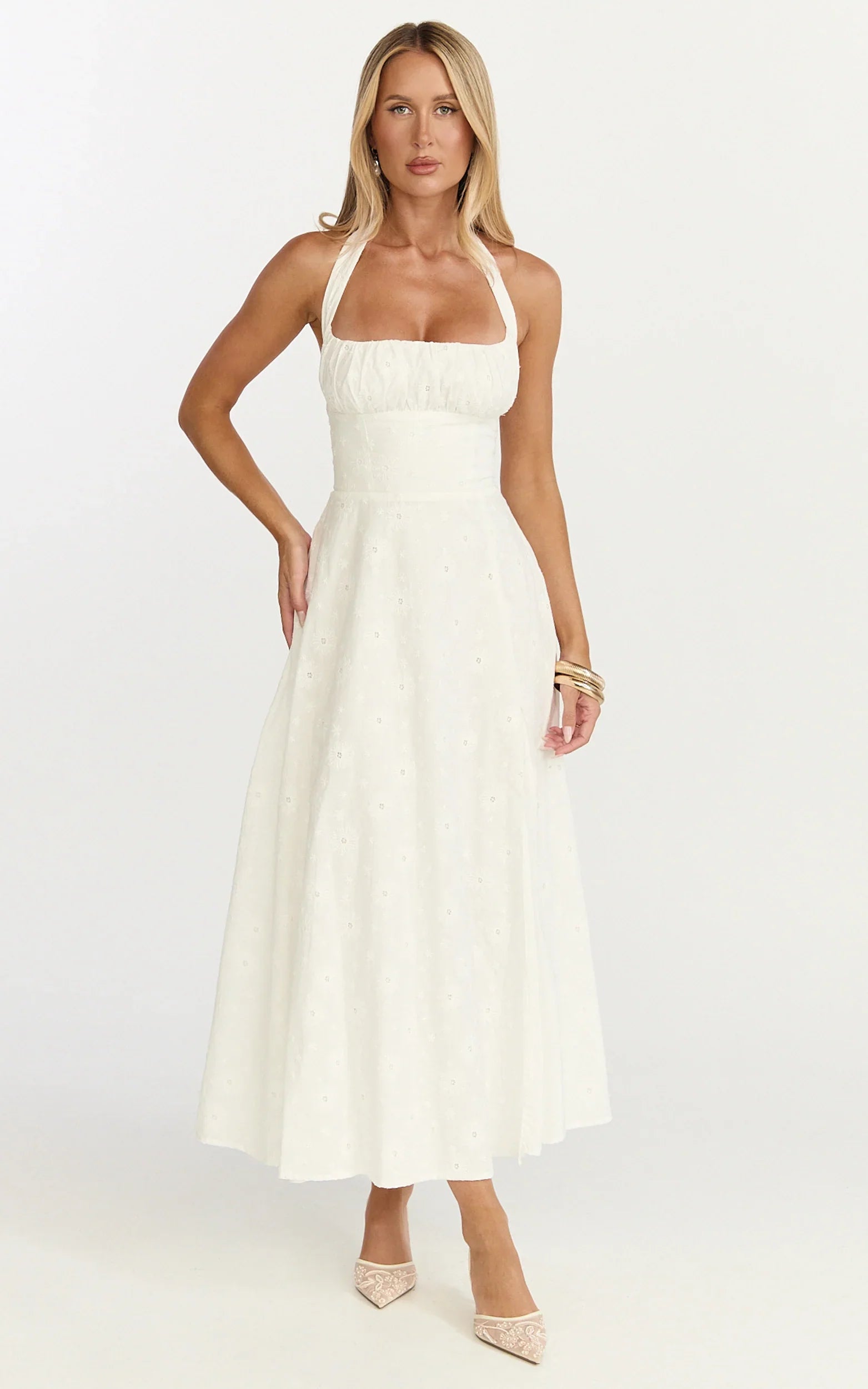 Lyra Midi Dress - Broderie Ruched Bust Halter Neck Dress in White