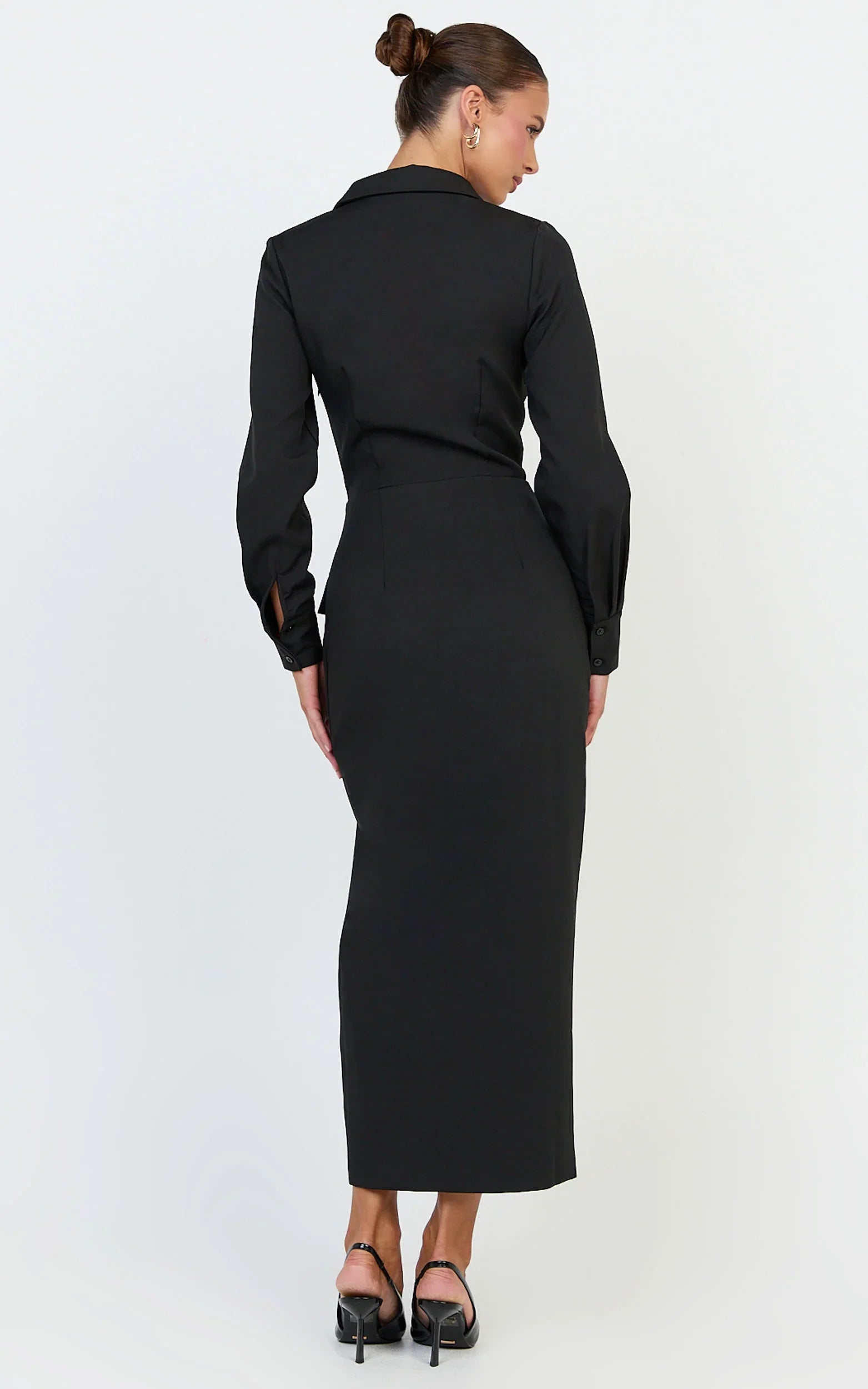 Henley Midi Dress - Long Sleeve Fitted Shirt Dress in Black