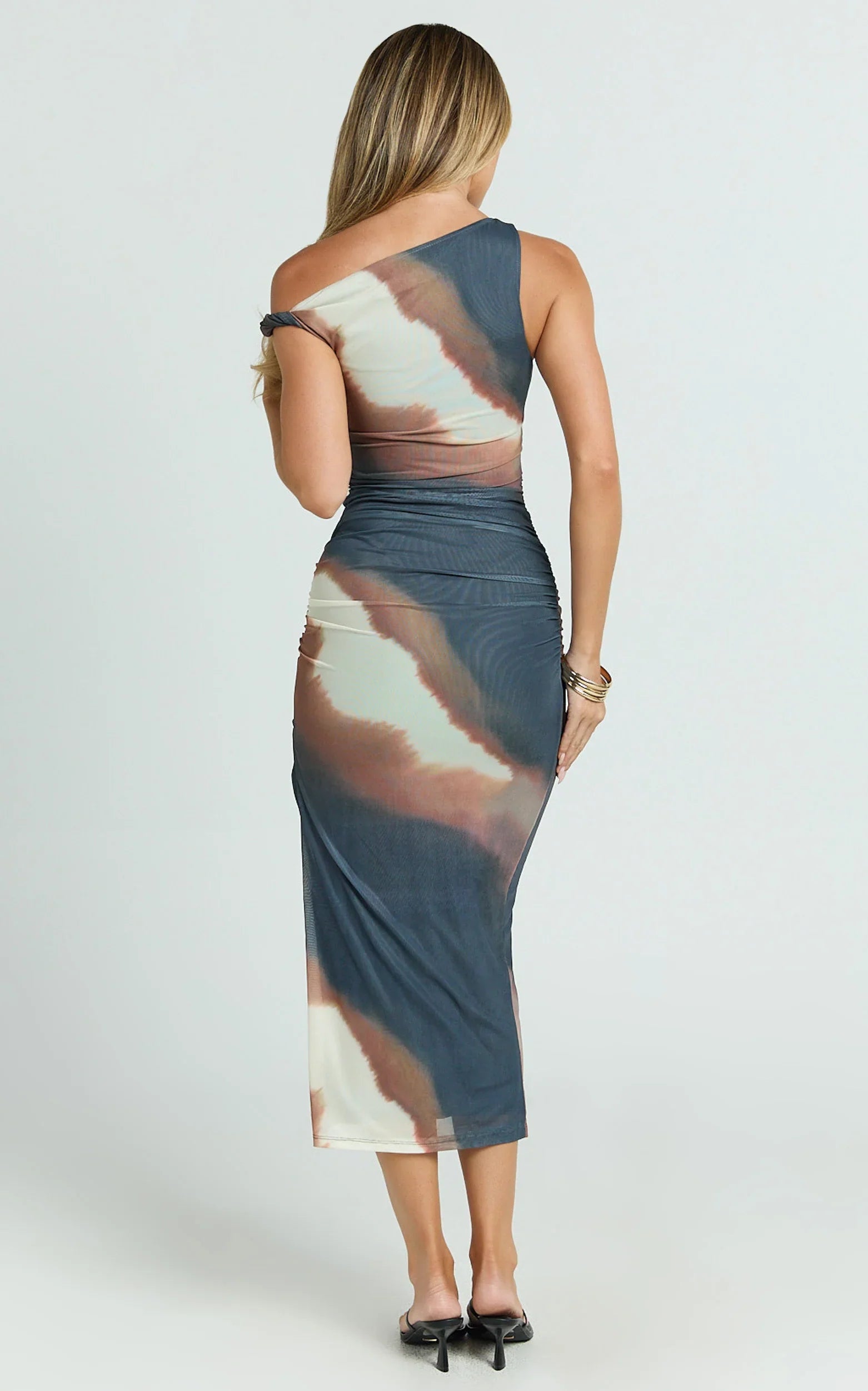 Nenita Midi Dress - One Shoulder Mesh Dress in Rust Print