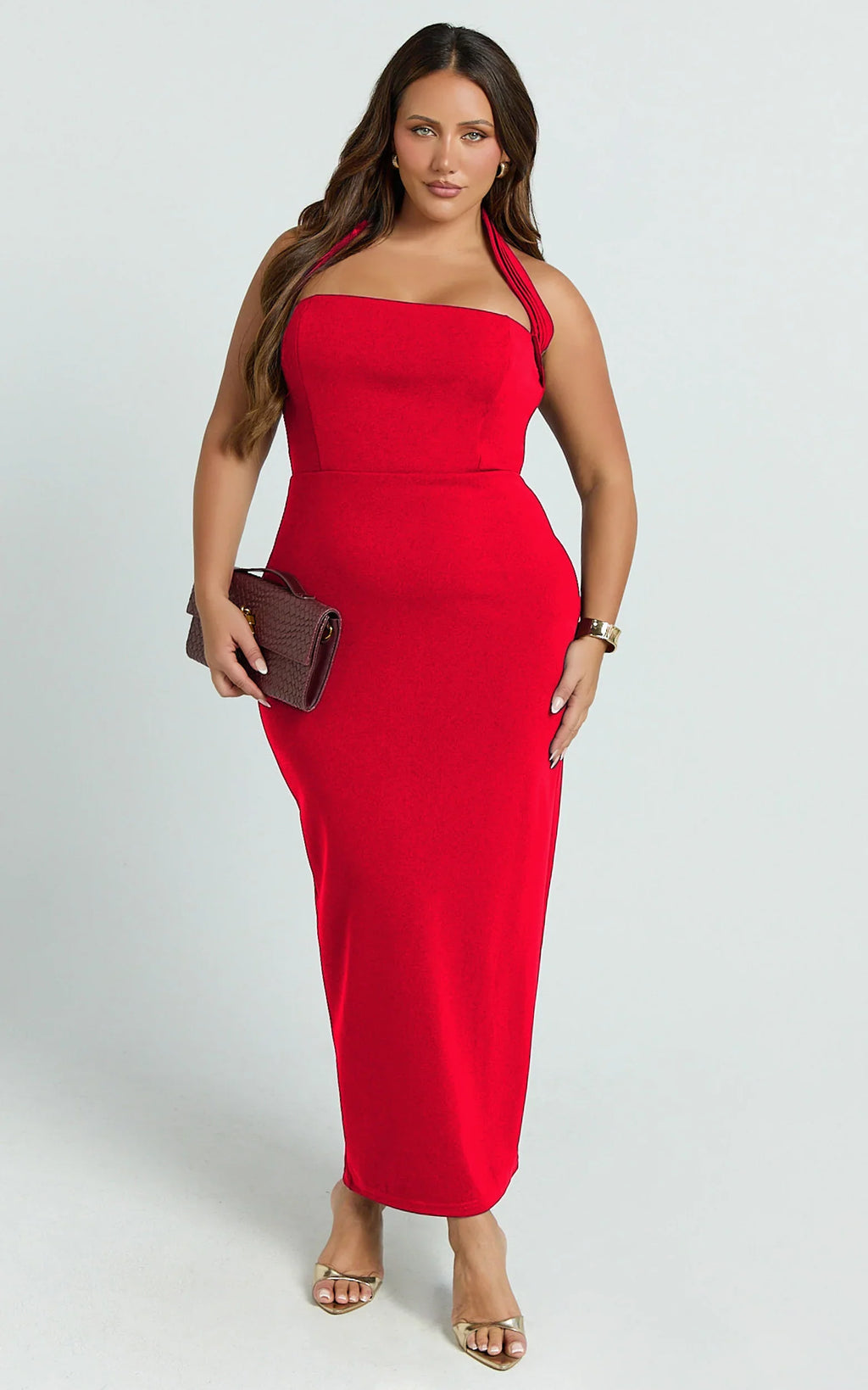 Salome Midi Dress - Halter Neck Column Dress in Red