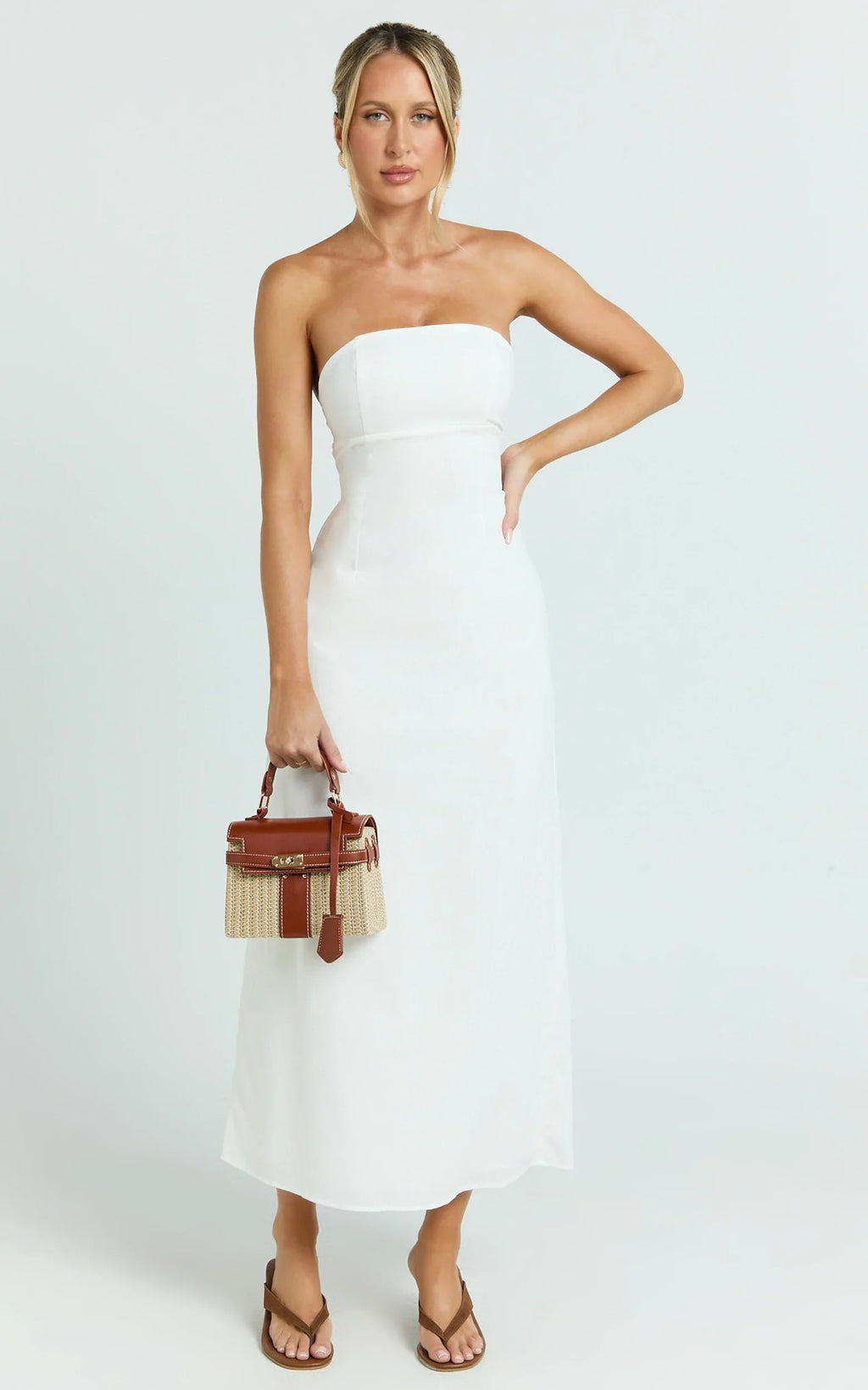 Genni Midi Dress - Strapless A Line Linen Blend Dress in White