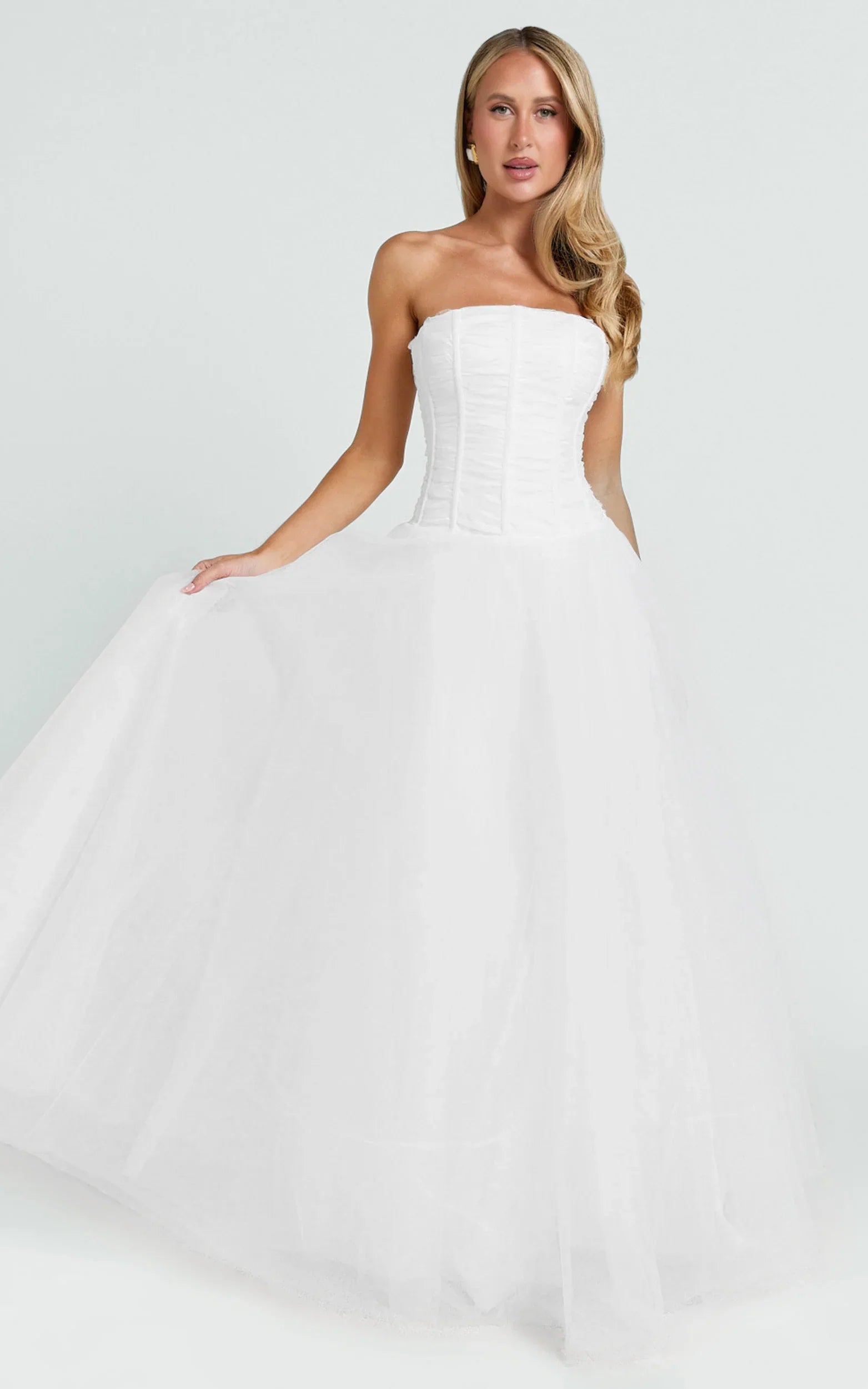 Selene Maxi Dress - Strapless Corset Gathered Skirt Dress in White