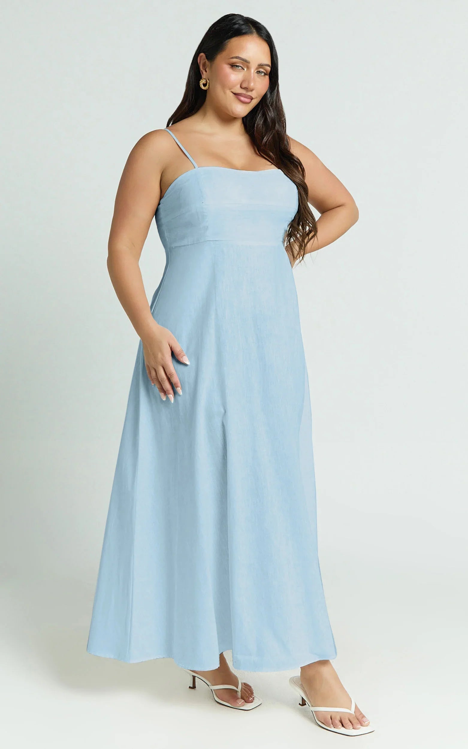 Brette Midi Dress - Linen Straight Neck Strappy Fit And Flare Dress in Blue