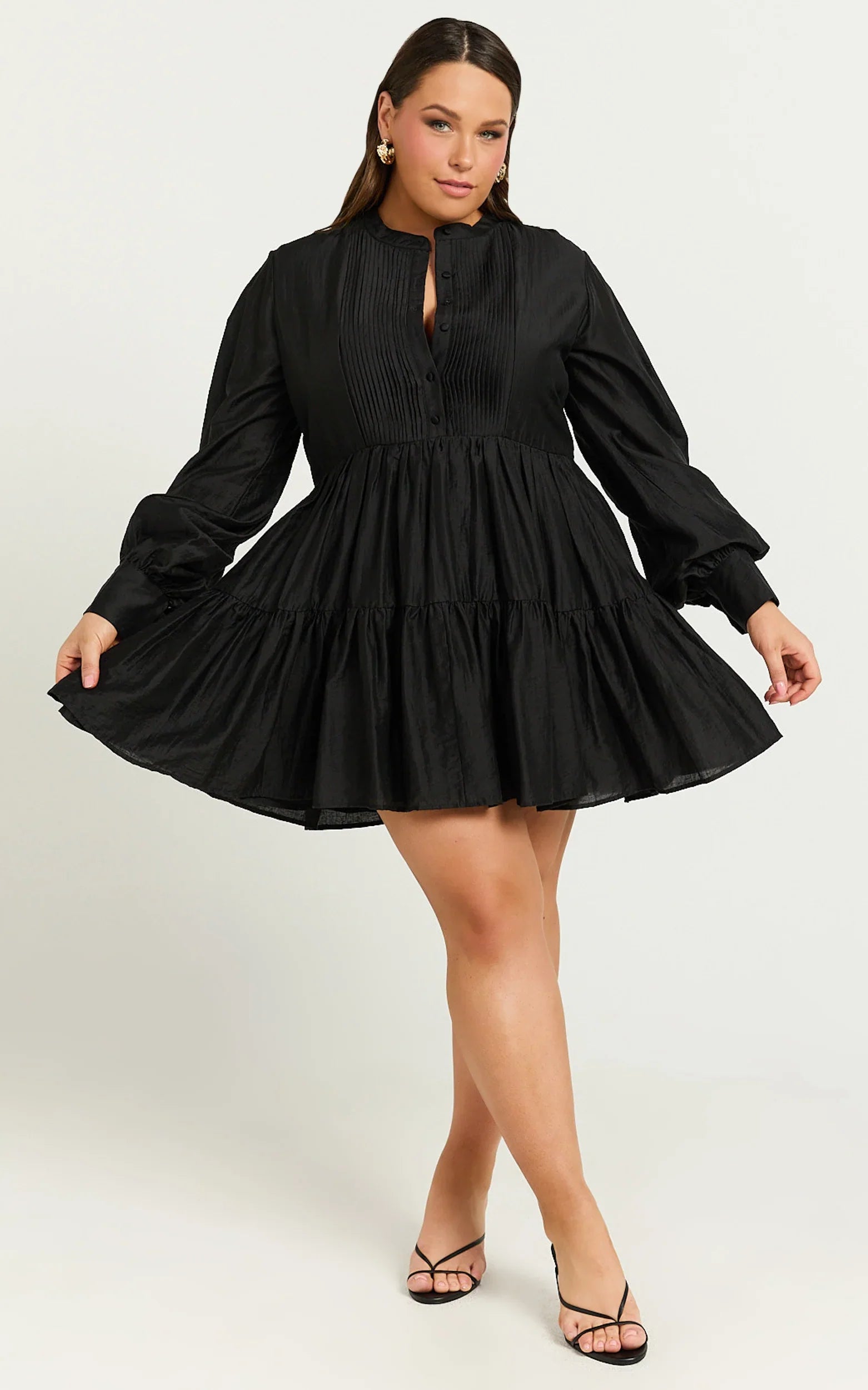 Kyra Mini Dress - Pin Tuck Detail Tiered Shirt Dress in Black