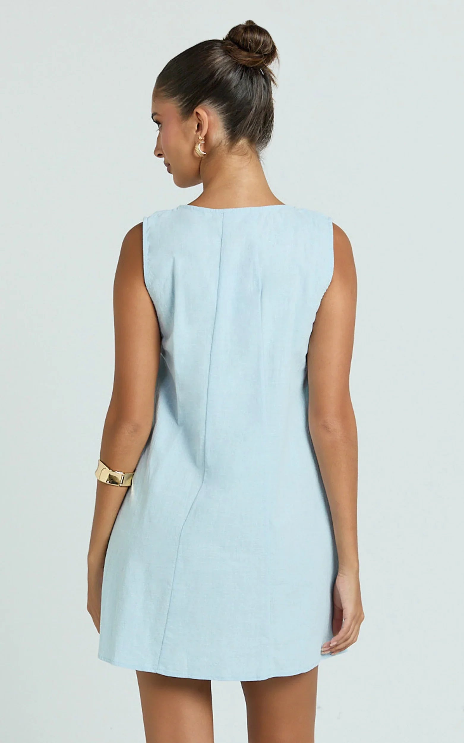 Lucinda Mini Dress - Deep U Gathered Neck Smock Dress in Pale Blue