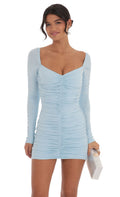 Ruched Long Sleeve Bodycon Dress in Light Blue